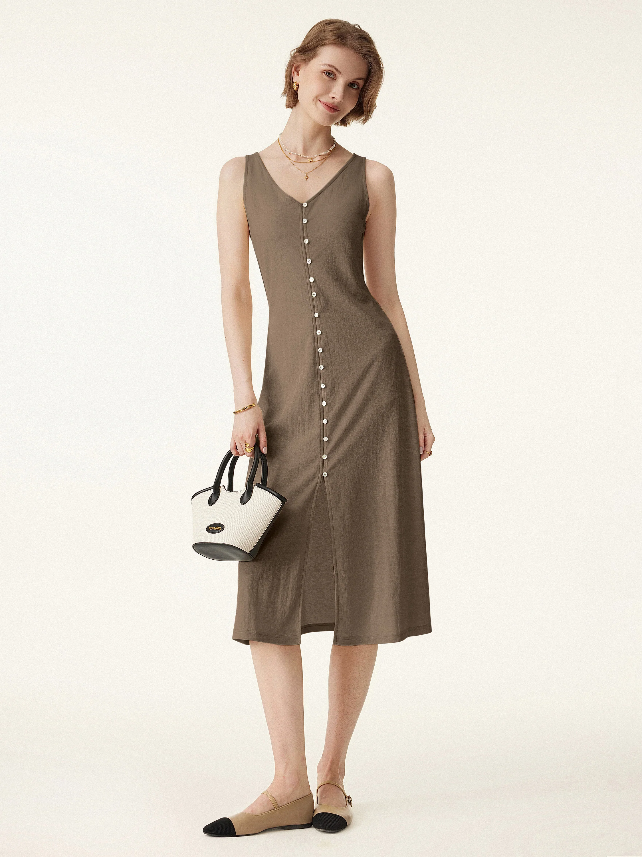Multi-wear V-neck Button Front Midi Vest Dress