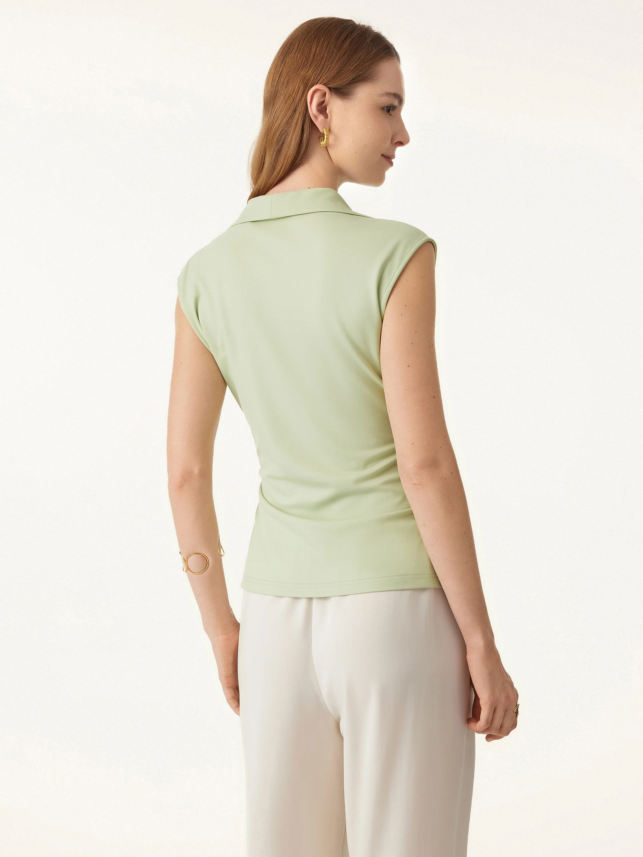 Cool Ponte Flap Collar Surplice Sleeveless Top with Drawstring Tie
