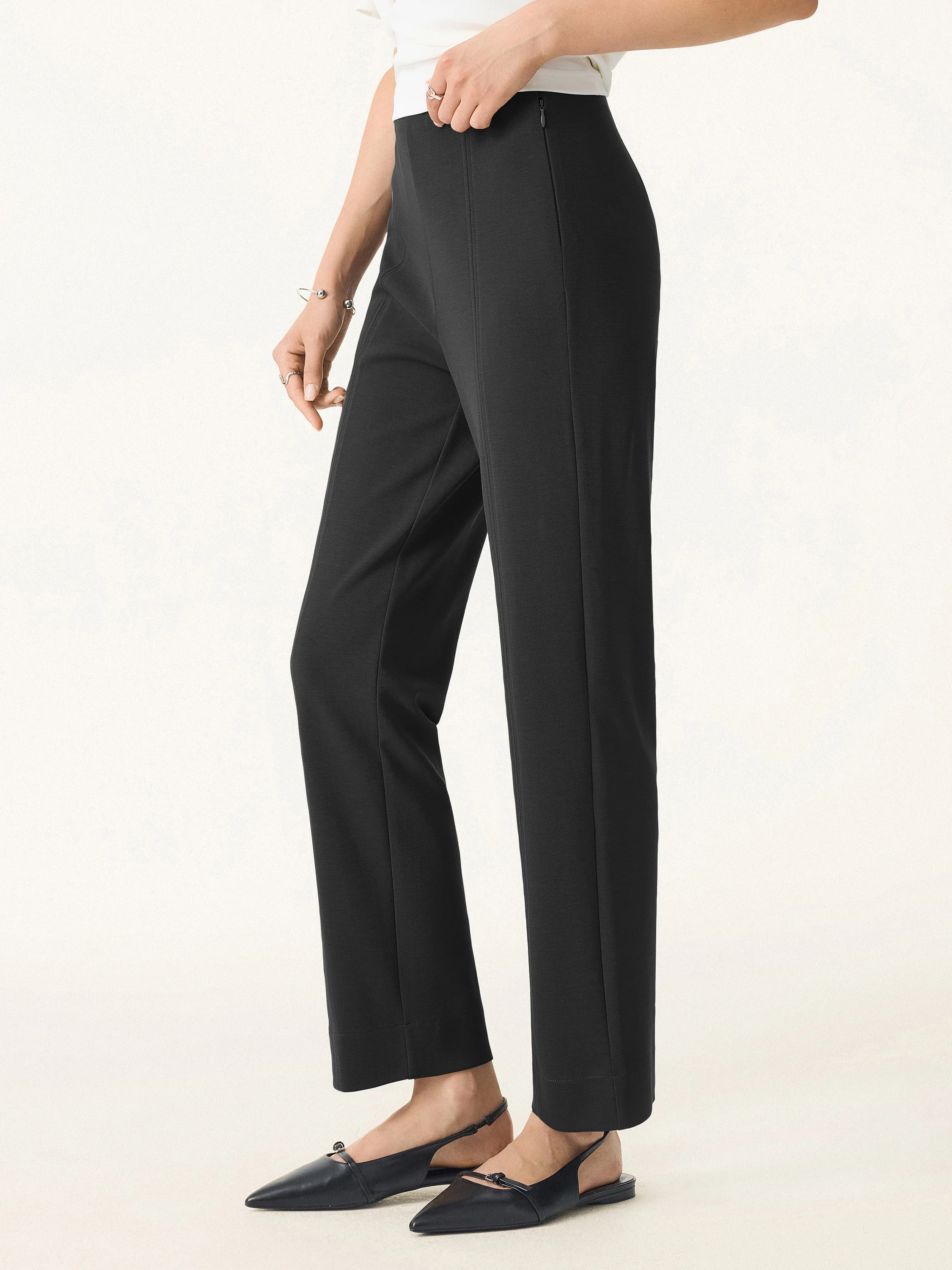 Sandwashed Mid-Rise Slim Straight Pull-On Trousers with Pockets