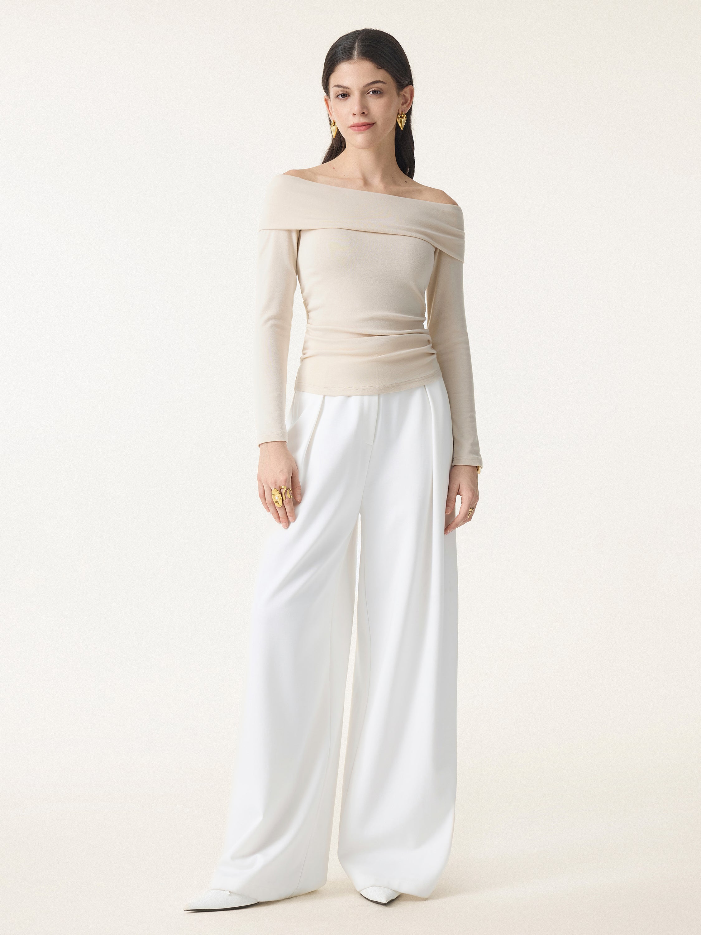 Off-the-Shoulder Long-Sleeve Side-Ruched Crop Top