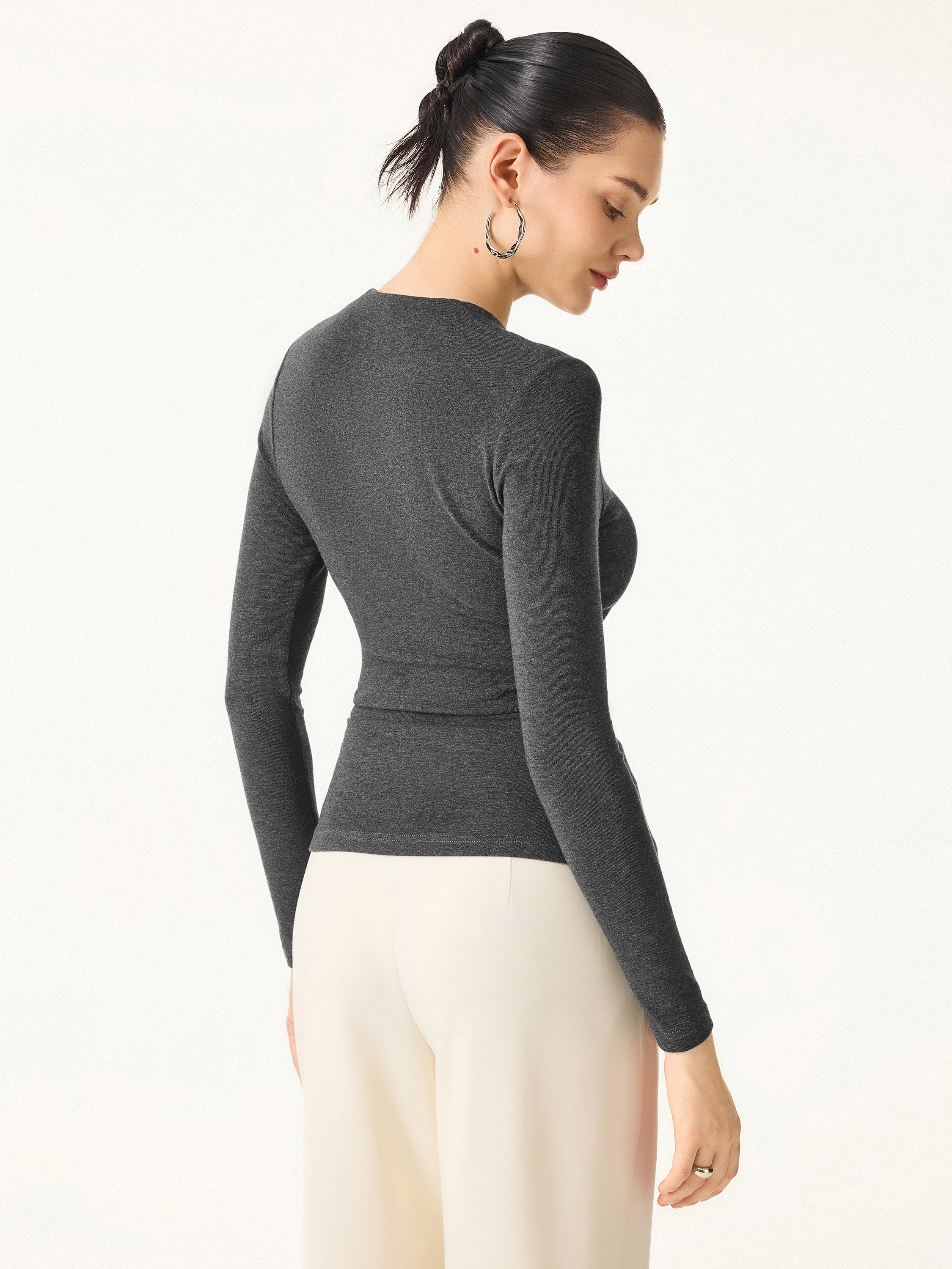 2-Piece Set Stretch Cotton V-Neck Long Sleeve Crop Top