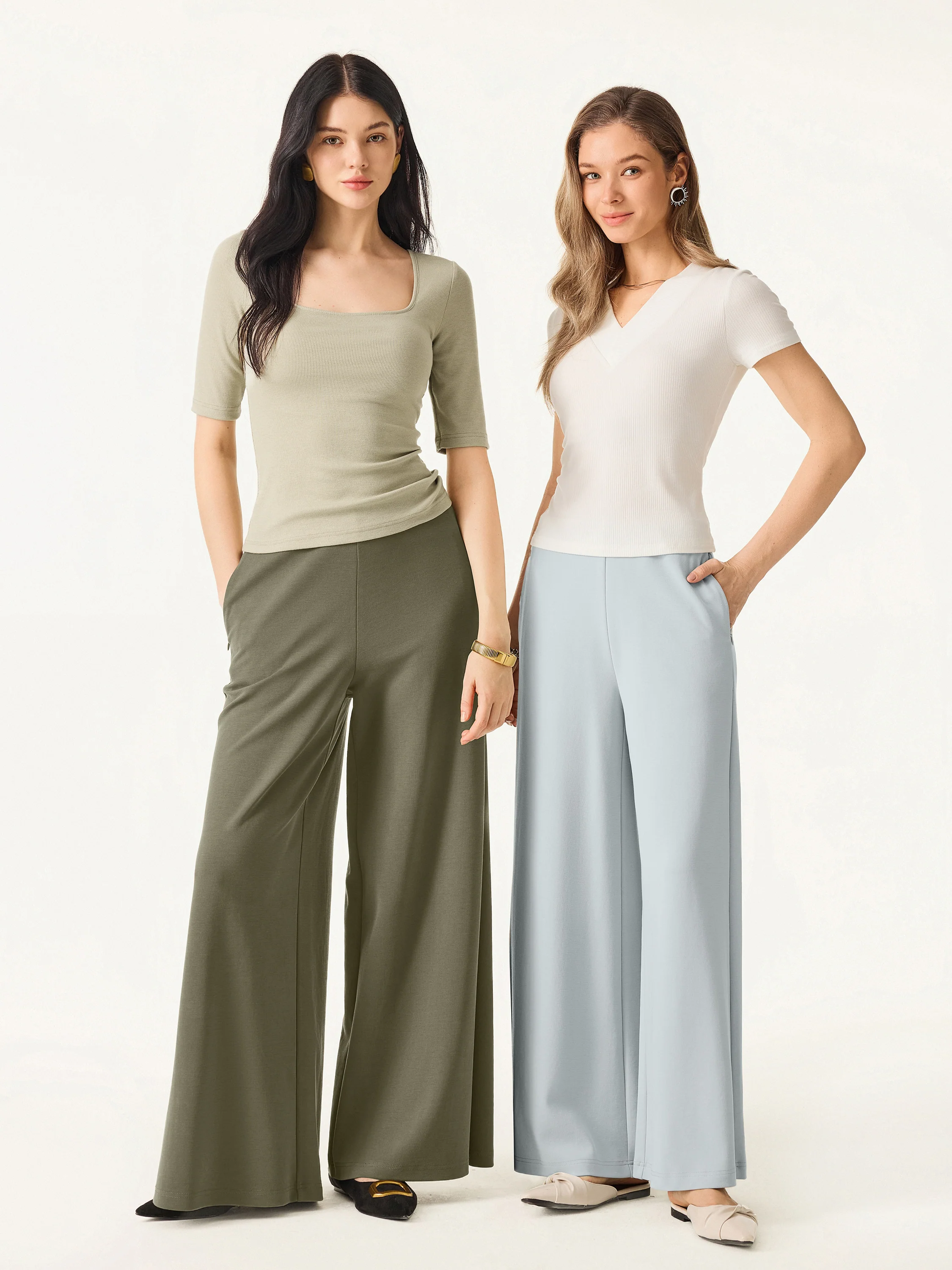 Wrinkle-Resistant Mid Rise Wide Leg Pull-on Pants with Pockets