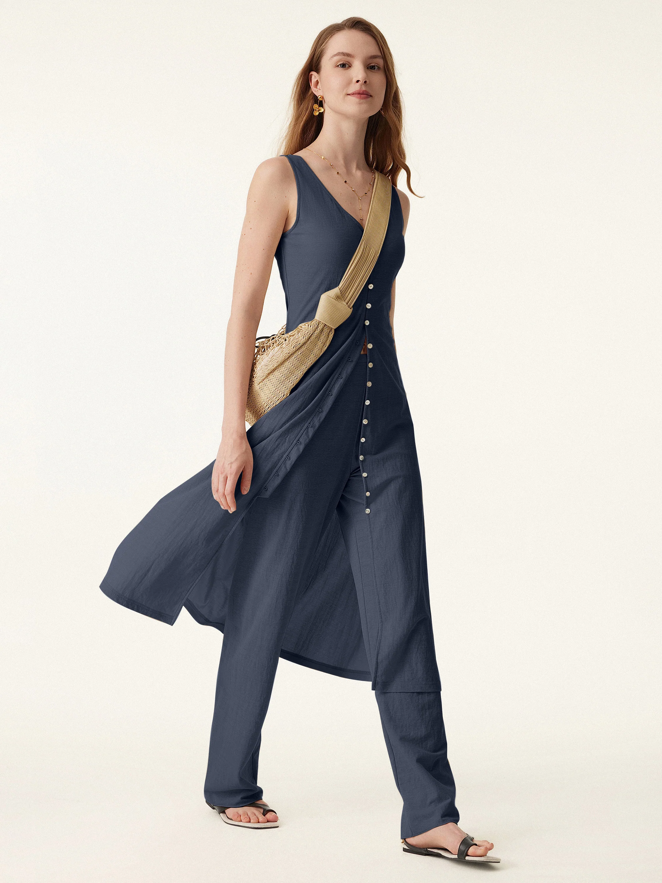 2 - Piece Set V - Neck Button - Front Midi Vest Dress and Mid - Rise Straight - Leg Pants