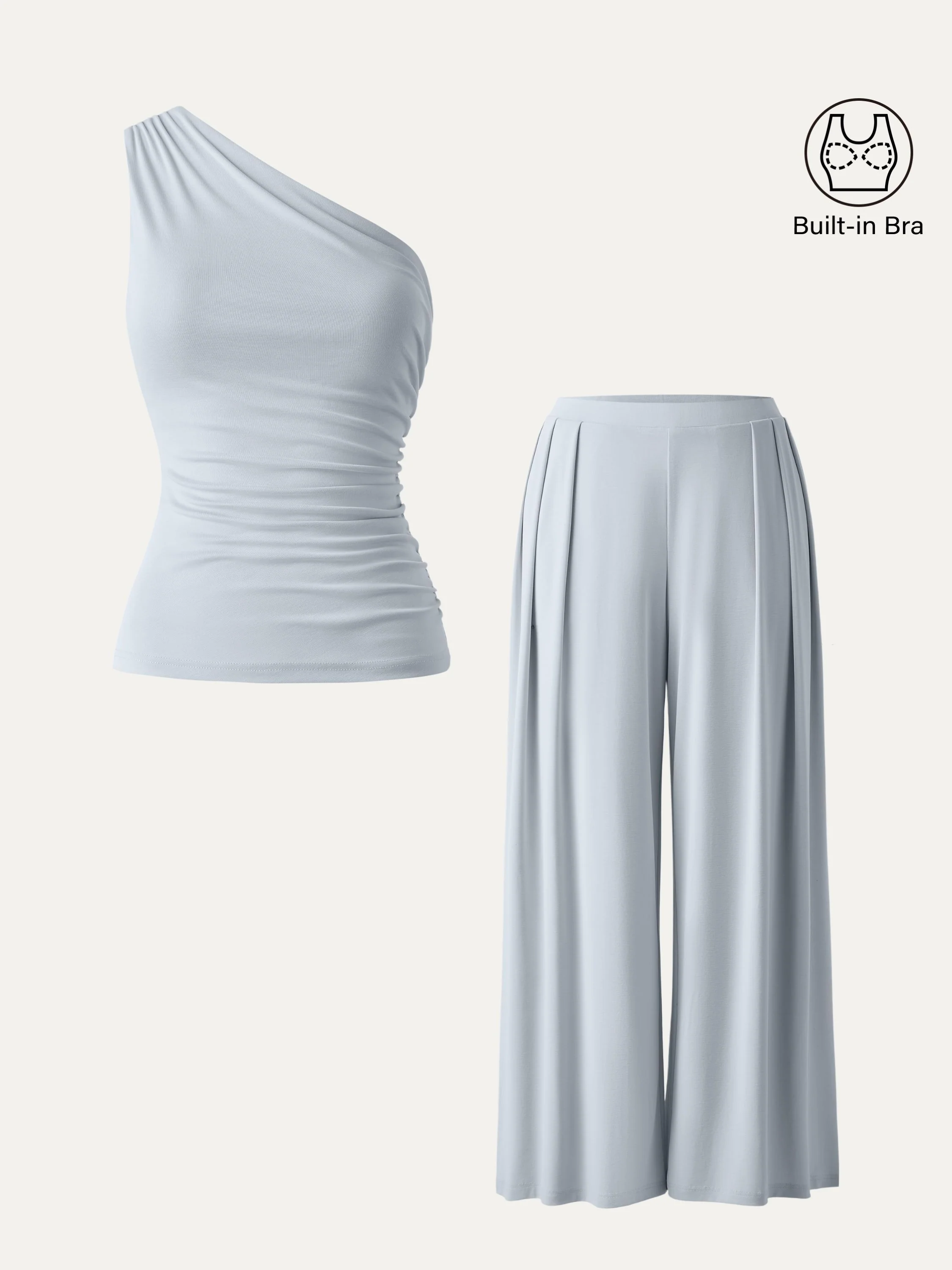 2-Piece Set of Sandwashed Ruched Bra and Mid-Rise Wide-Leg Palazzo Pants with Pockets
