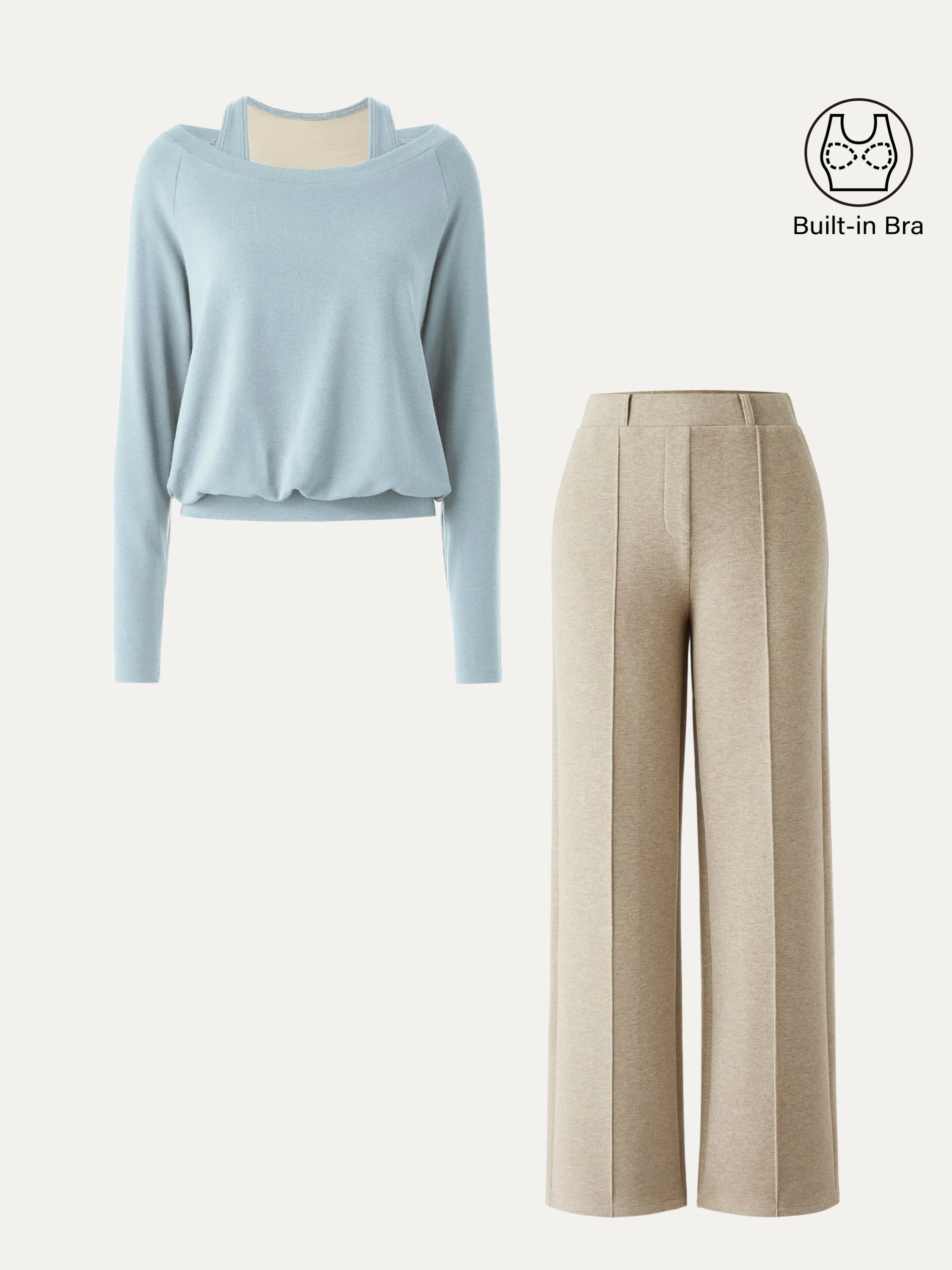 2Pcs Set Multi-Wear Layering Brami Top & High Waisted Straight Leg Pull On Pant