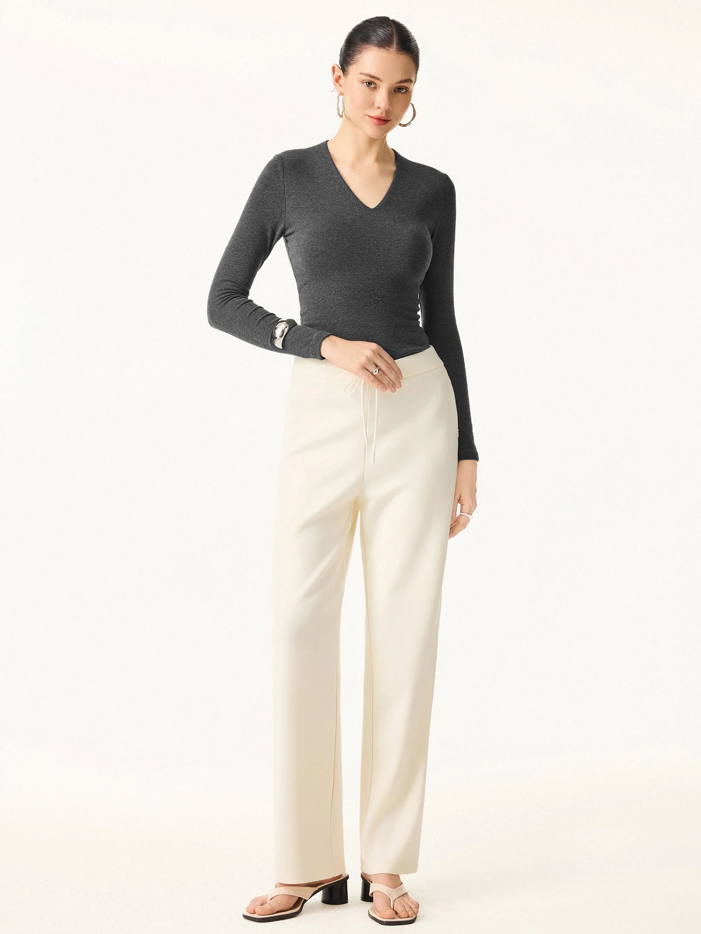 2-Piece Set Stretch Cotton V-Neck Long Sleeve Crop Top