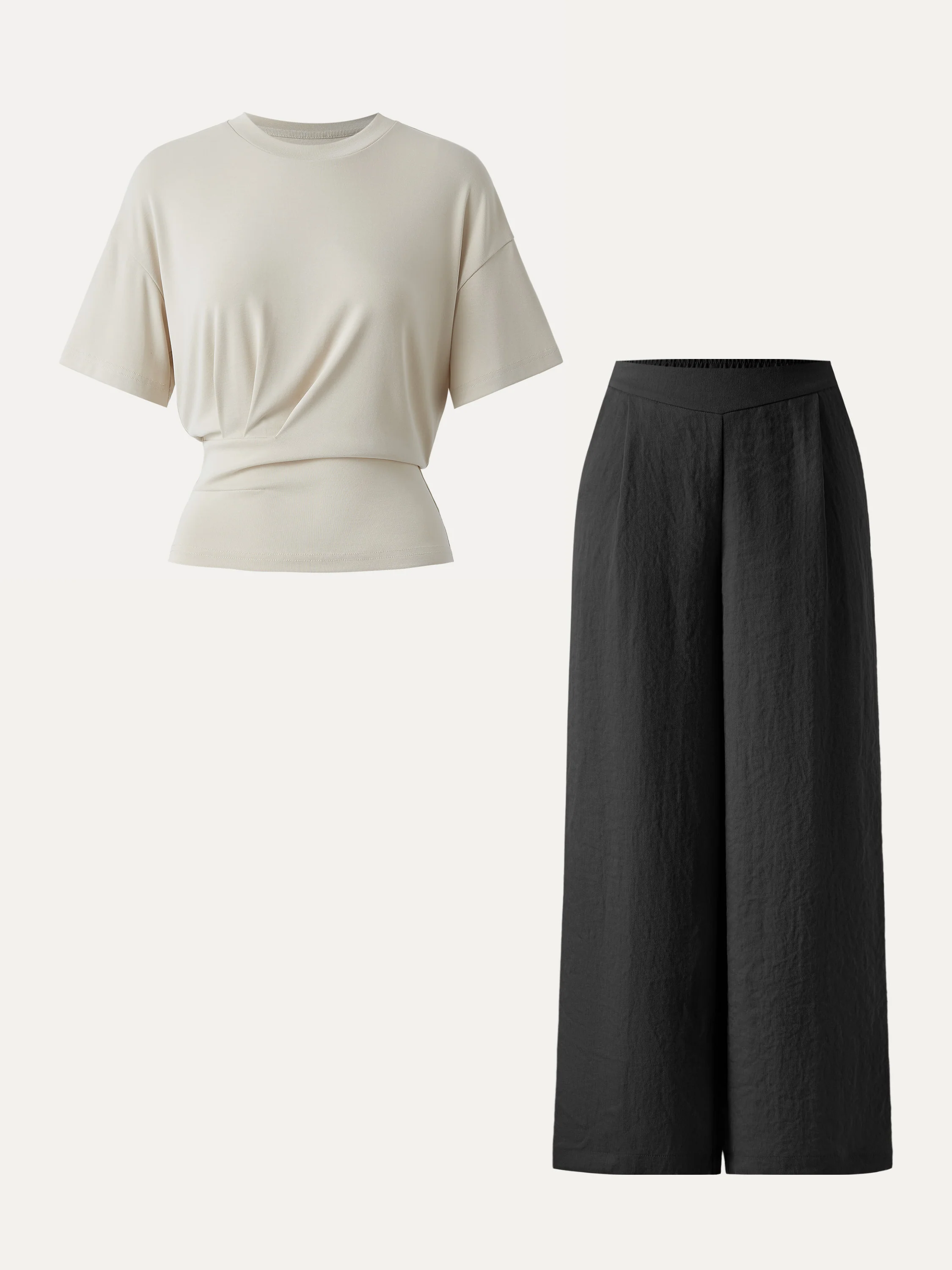 2Pcs Set Sandwashed Crewneck Short Sleeve Tee & Linen Mid Rise Wide Leg Pant with Pockets