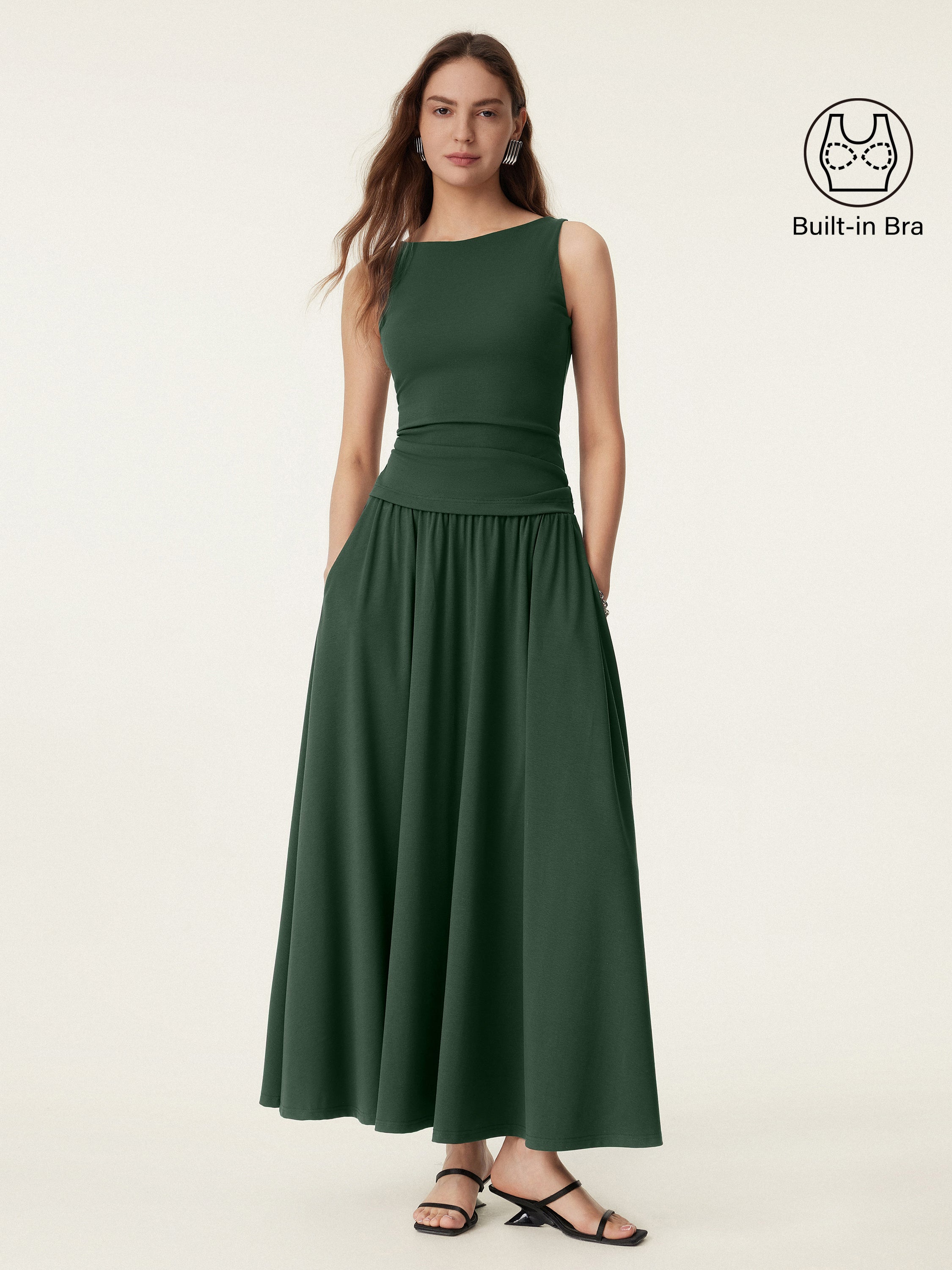 2Pcs Set Stretch Cotton Boatneck Brami Tank & Maxi Umbrella Skirt with Pockets