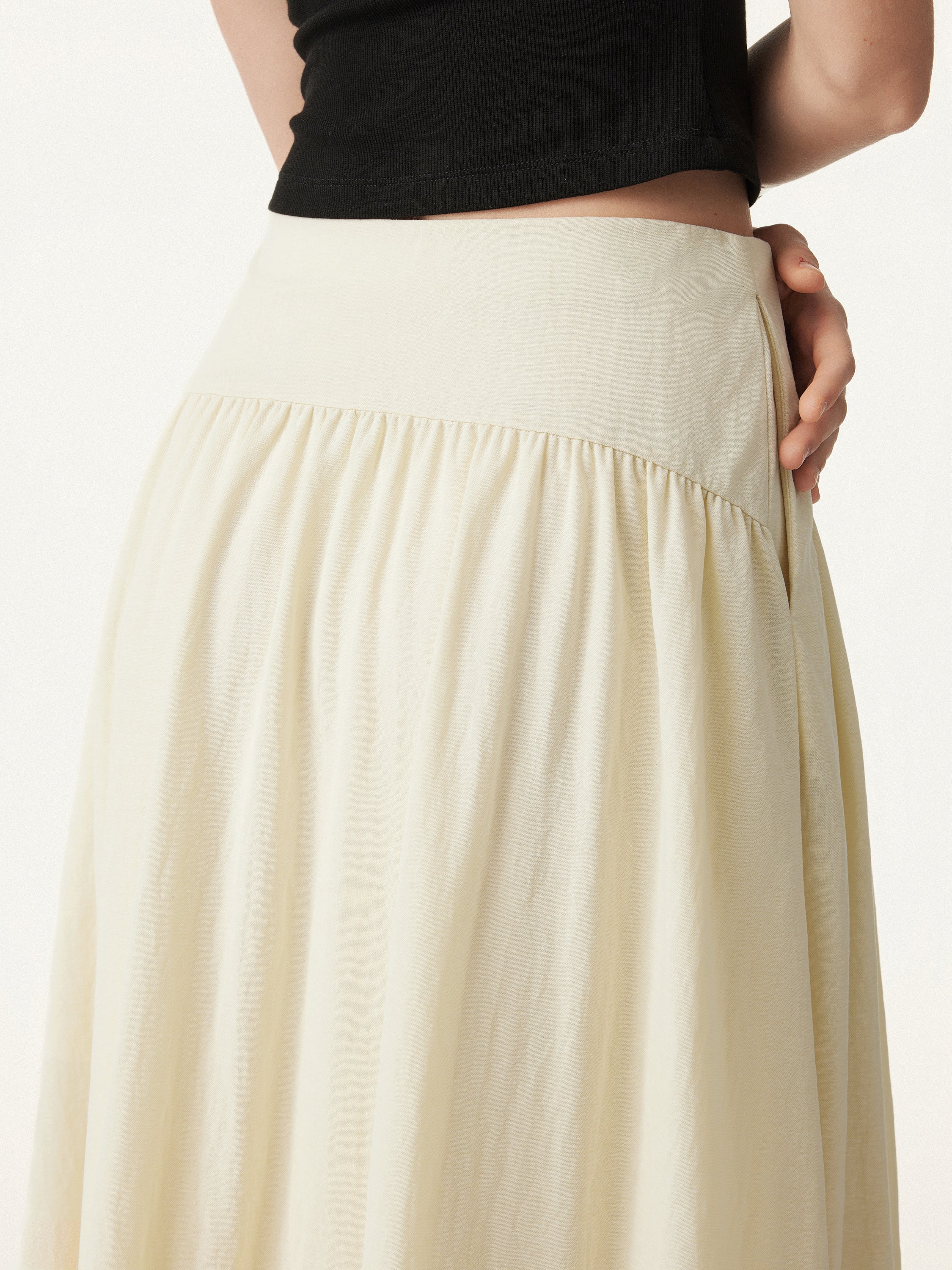 Wrinkle-resistant Cotton-linen Mid-rise Pleated Midi Skirt