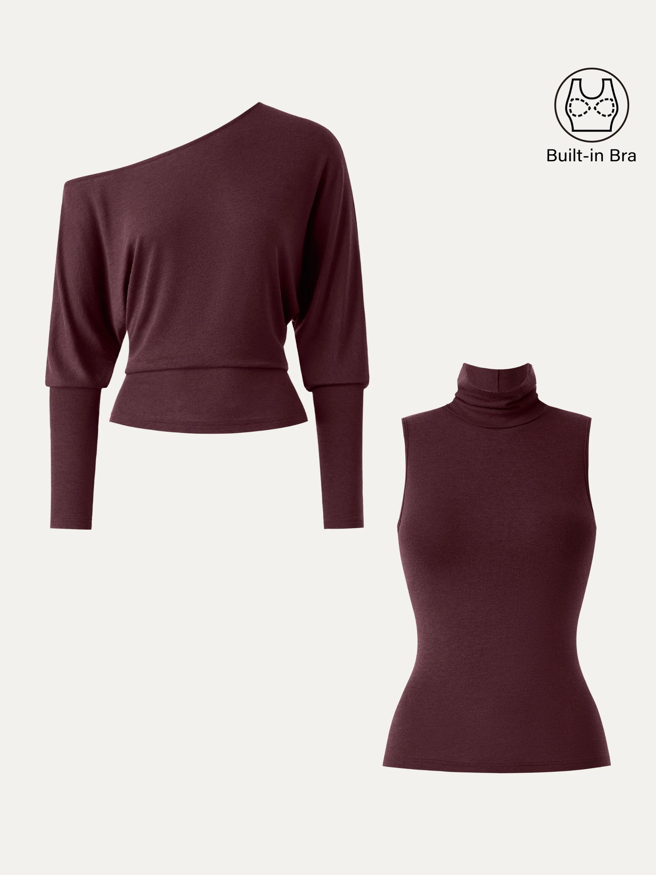 2Pcs Set Lyocell Cashmere Cold-Shoulder Semi-Sheer Top & Turtleneck Brami Tank