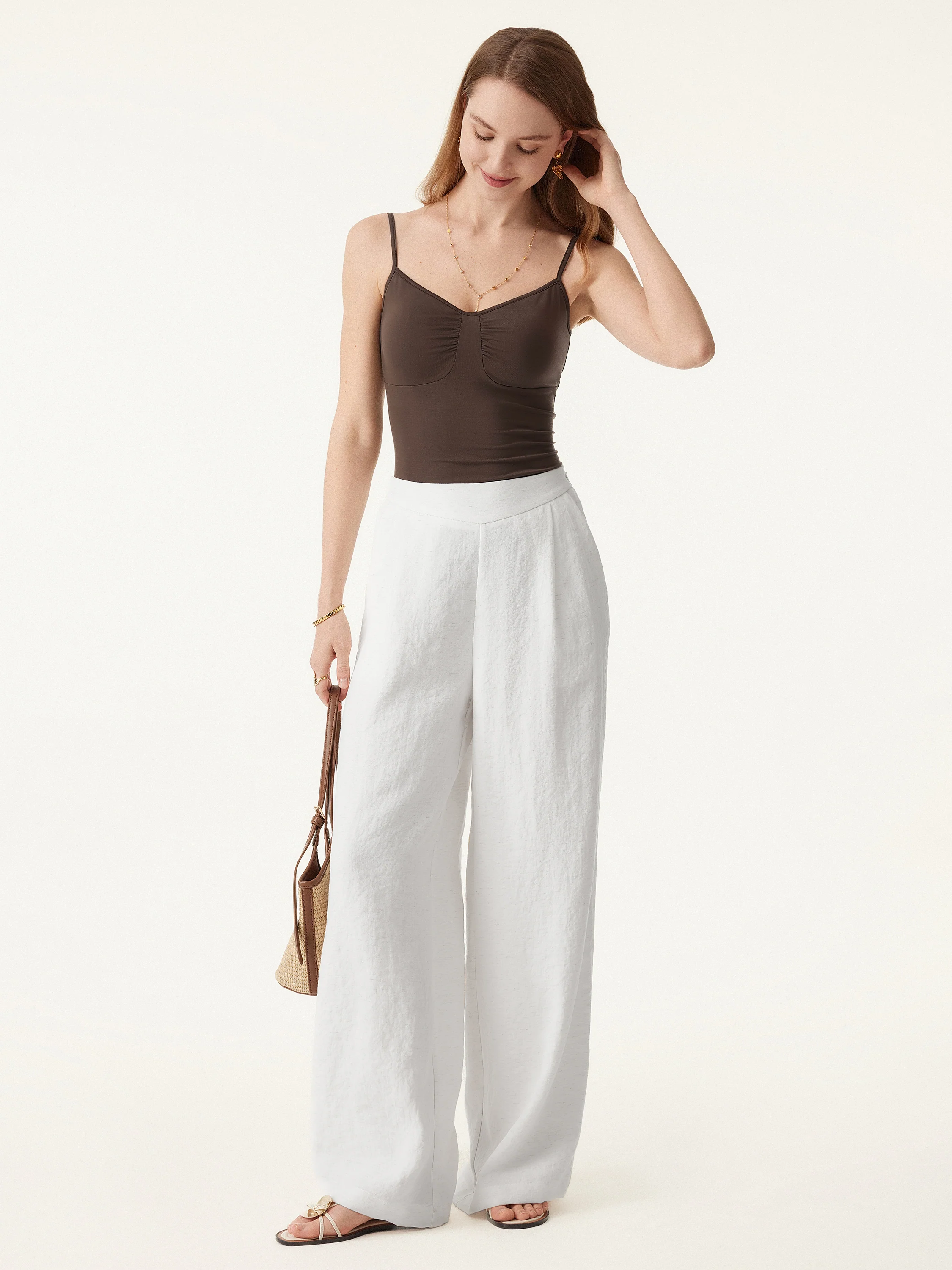 Airy Linen Mid-Rise Wide-Leg Pants with Pockets