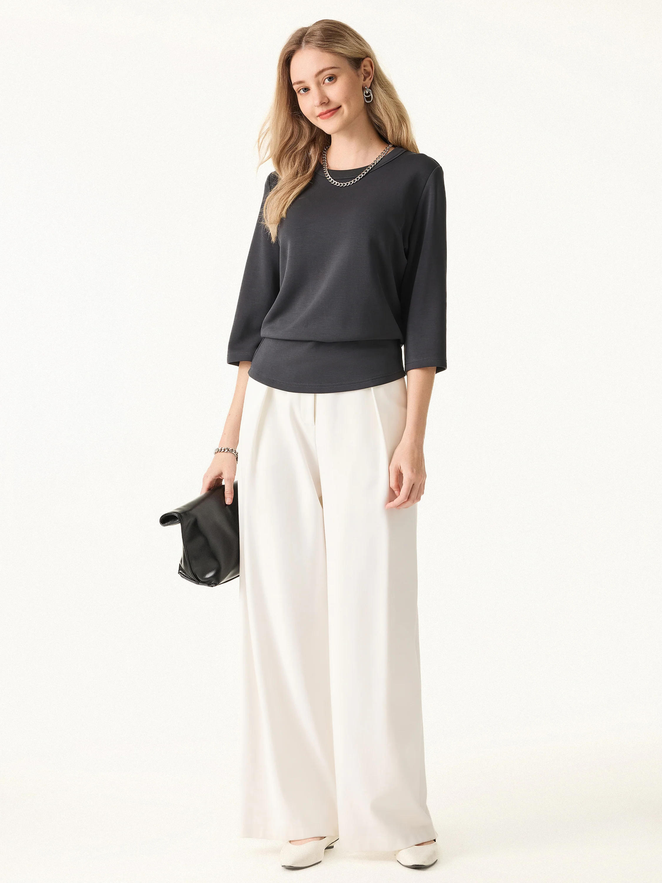 Sandwashed Spacer Crewneck Three - Quarter Sleeve Top