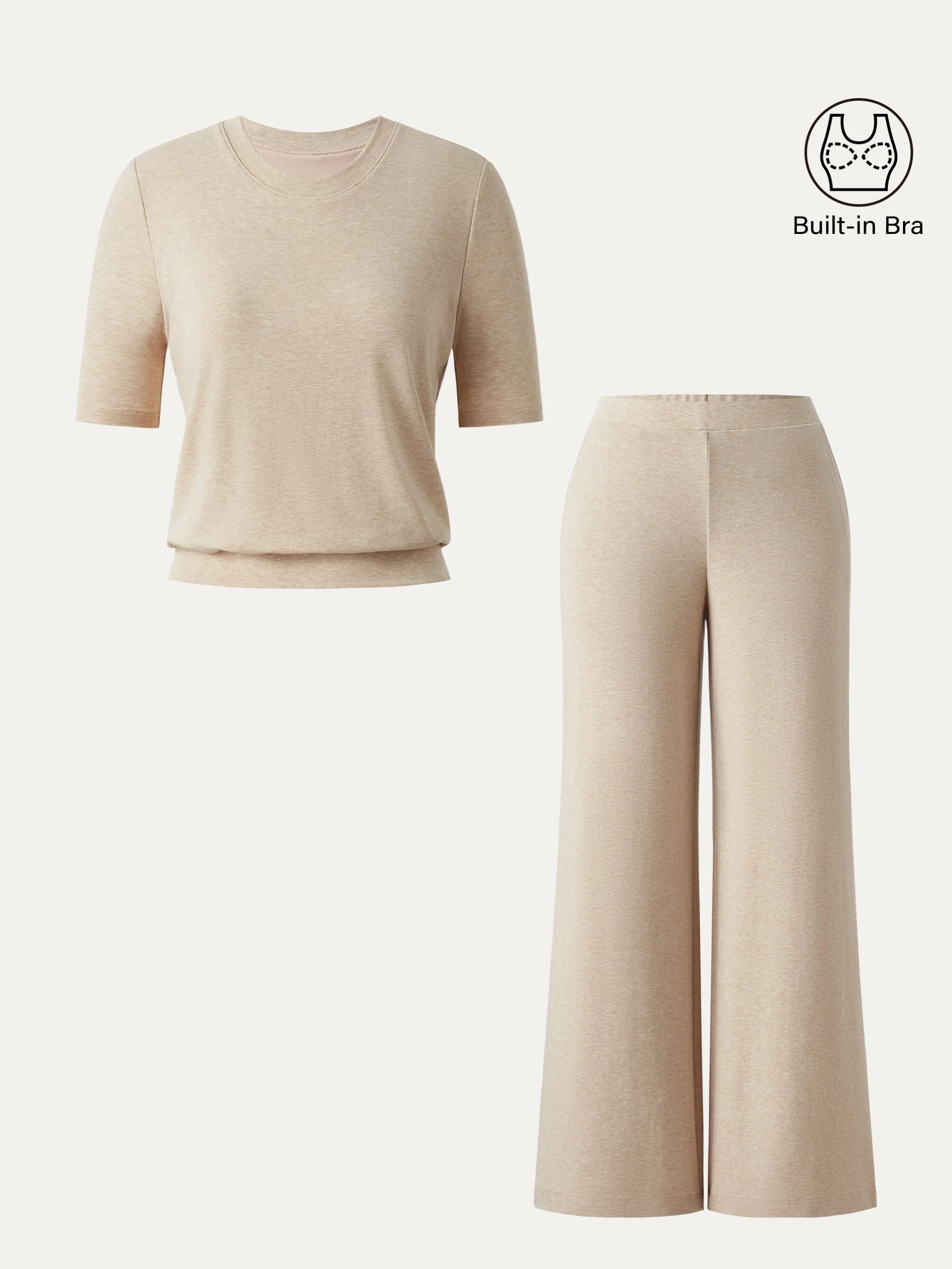 2Pcs Set Crewneck Brami with Banded Hem & Mid Rise Wide Leg Petite Pants with Pockets