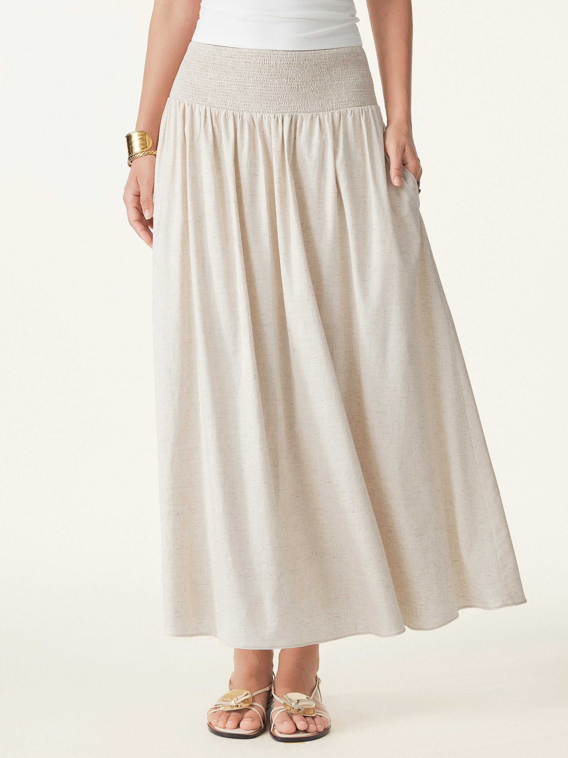 Linen Smocked Waist Skirt with Pockets