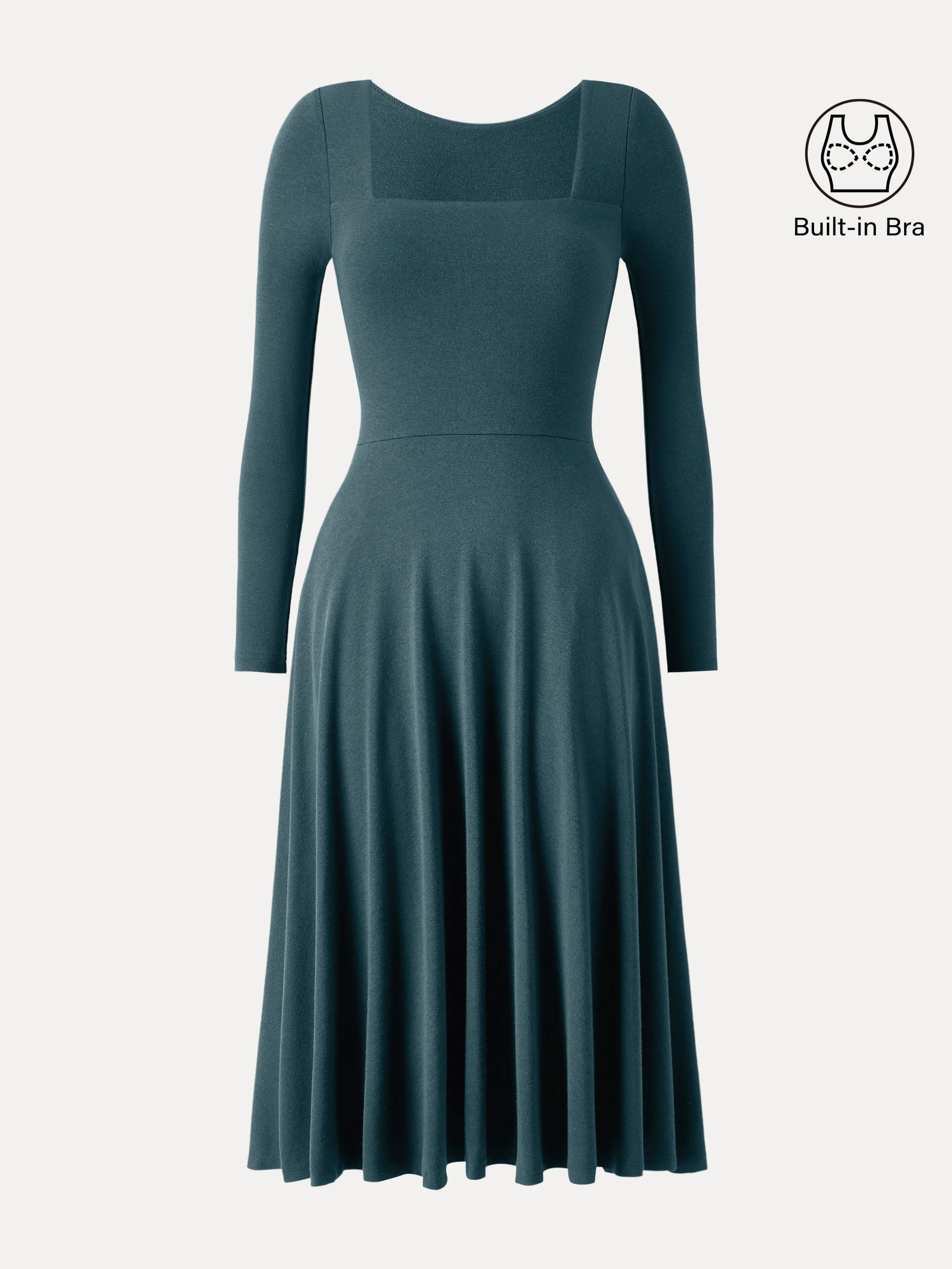 Essential Square Neck Long Sleeve Fit-and-Flare Brami Midi Dress with Pockets