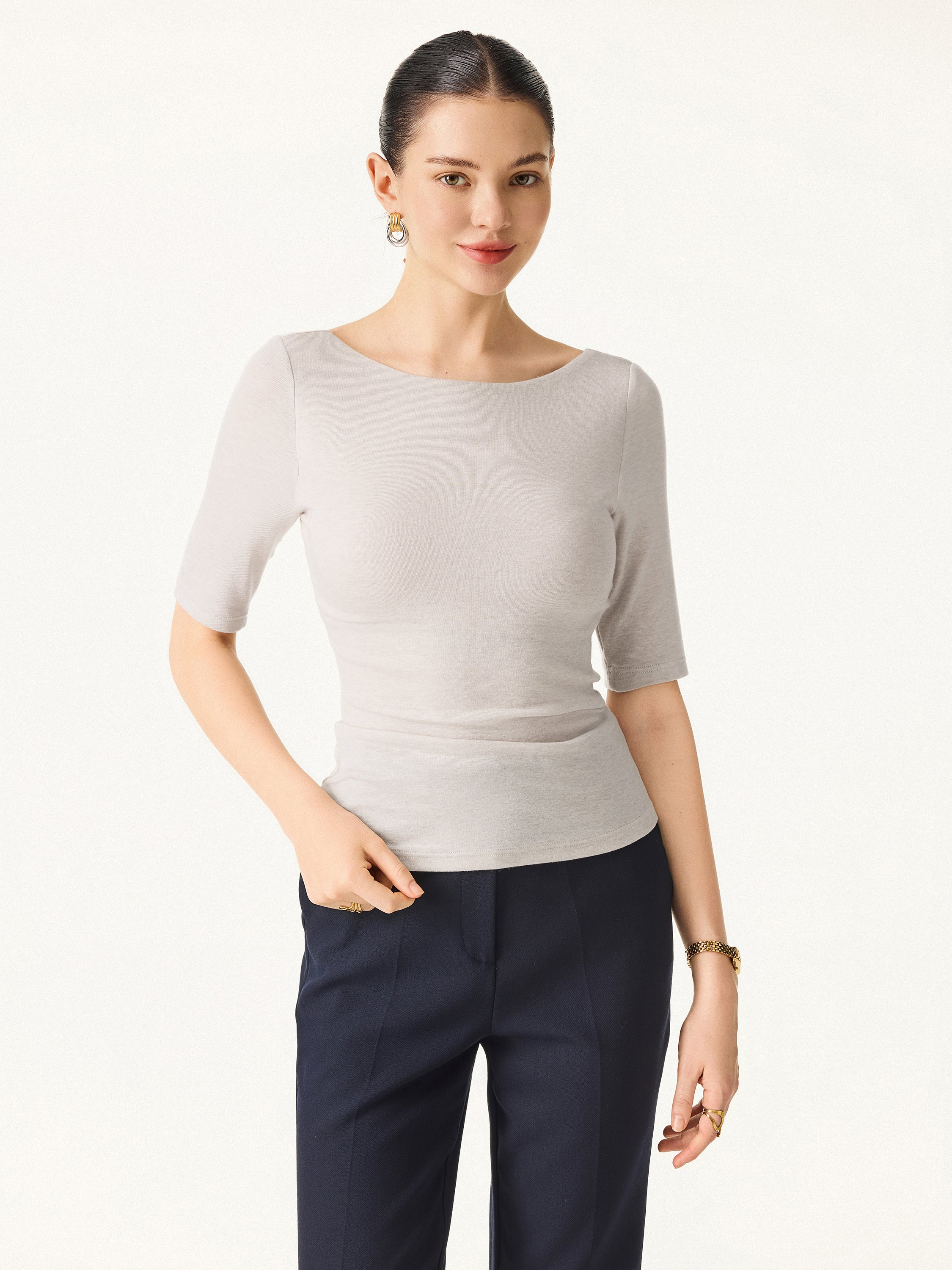 2Pcs Set Lyocell Cashmere Boatneck Elbow Length Sleeve Brami