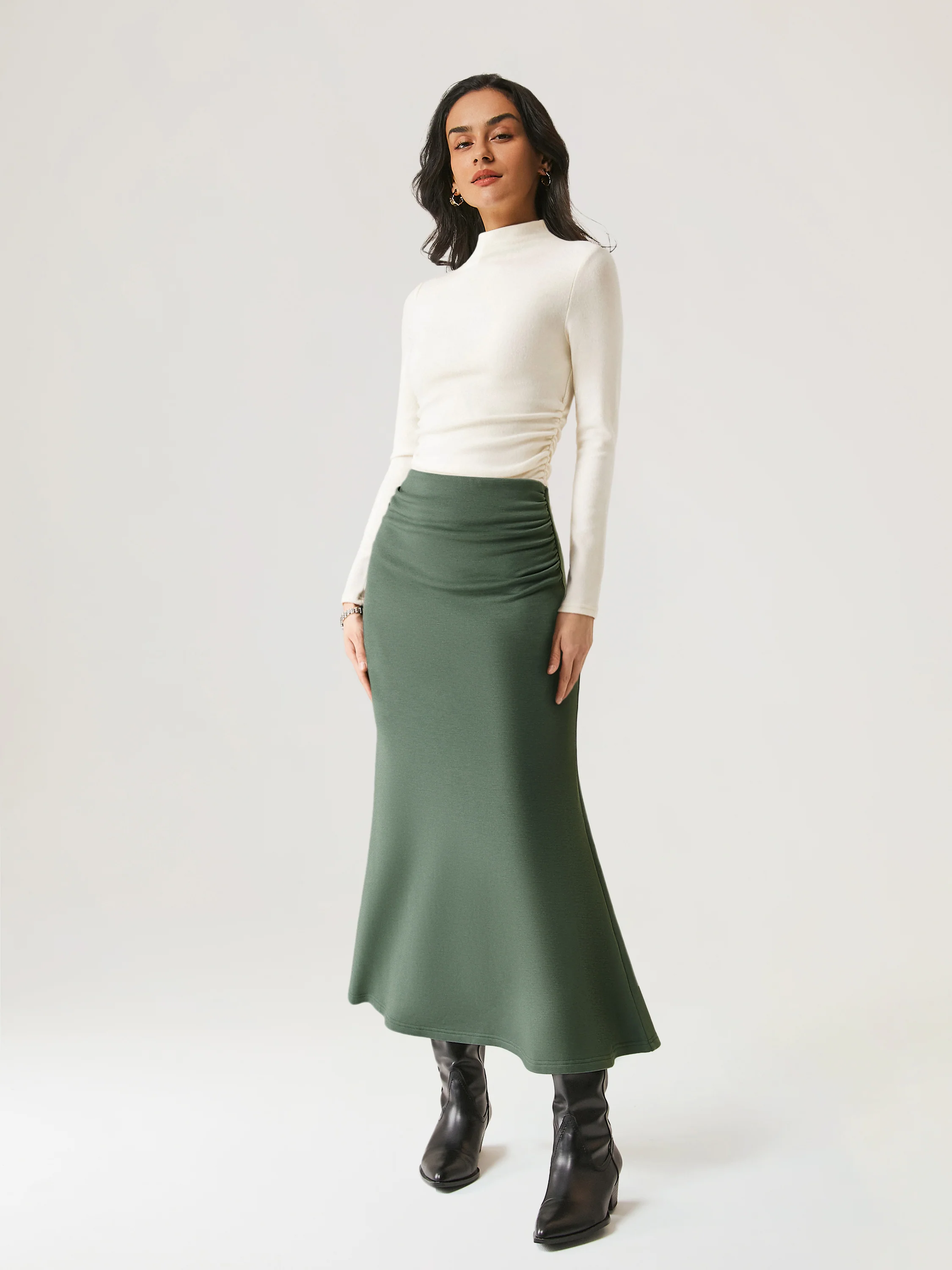 2Pcs Set Ruched Sides Mockneck Top & Mermaid Maxi Skirt