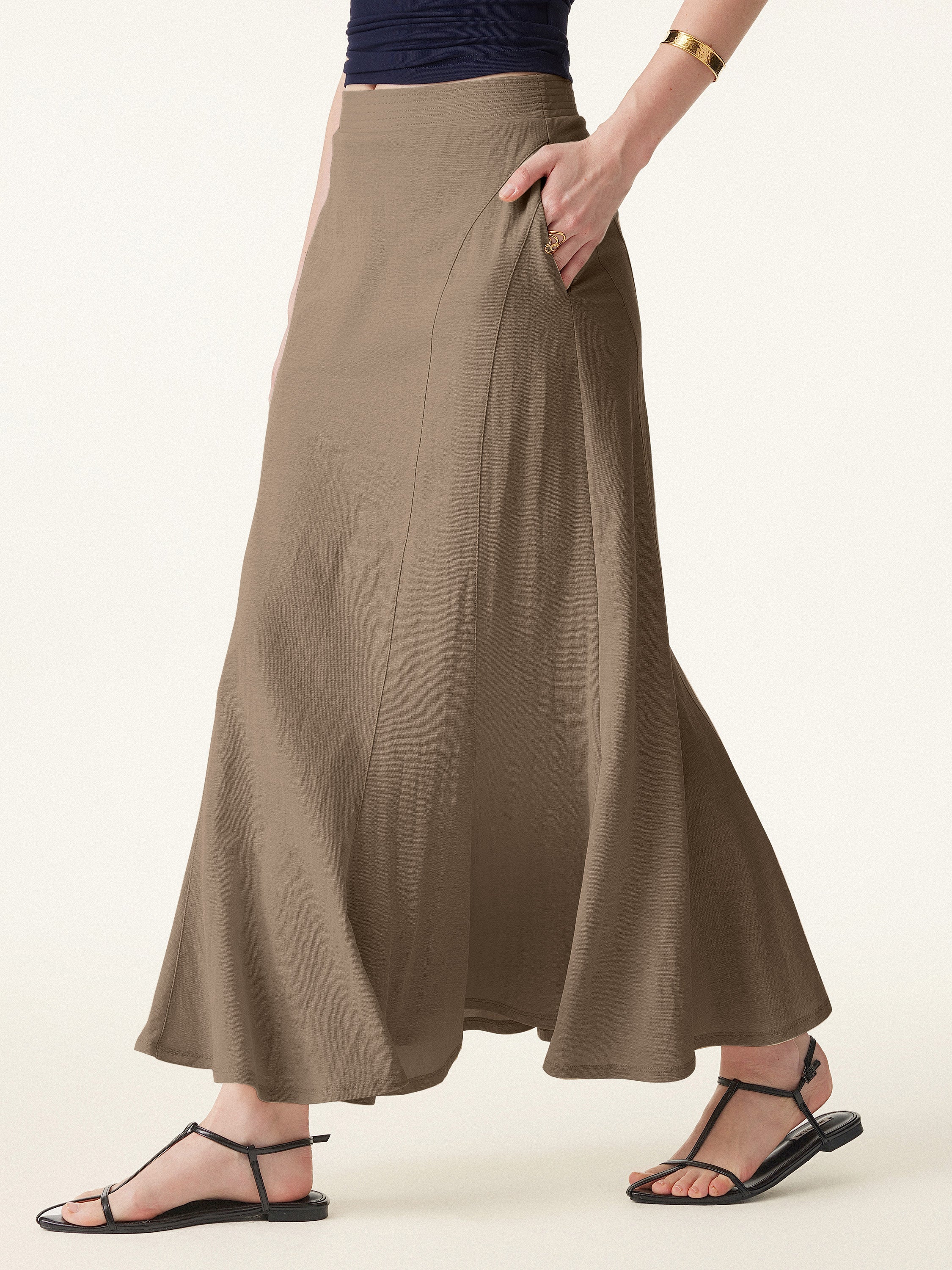 Wrinkle-resistant Cotton Linen Pull-on Midi Skirt
