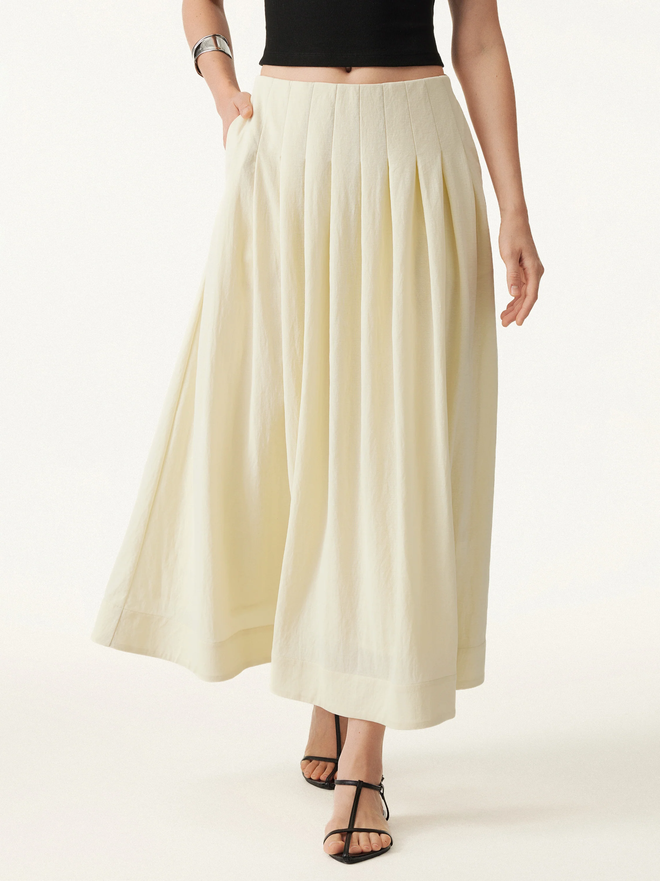 Wrinkle-resistant Cotton-linen Mid-rise Pleated Midi Skirt