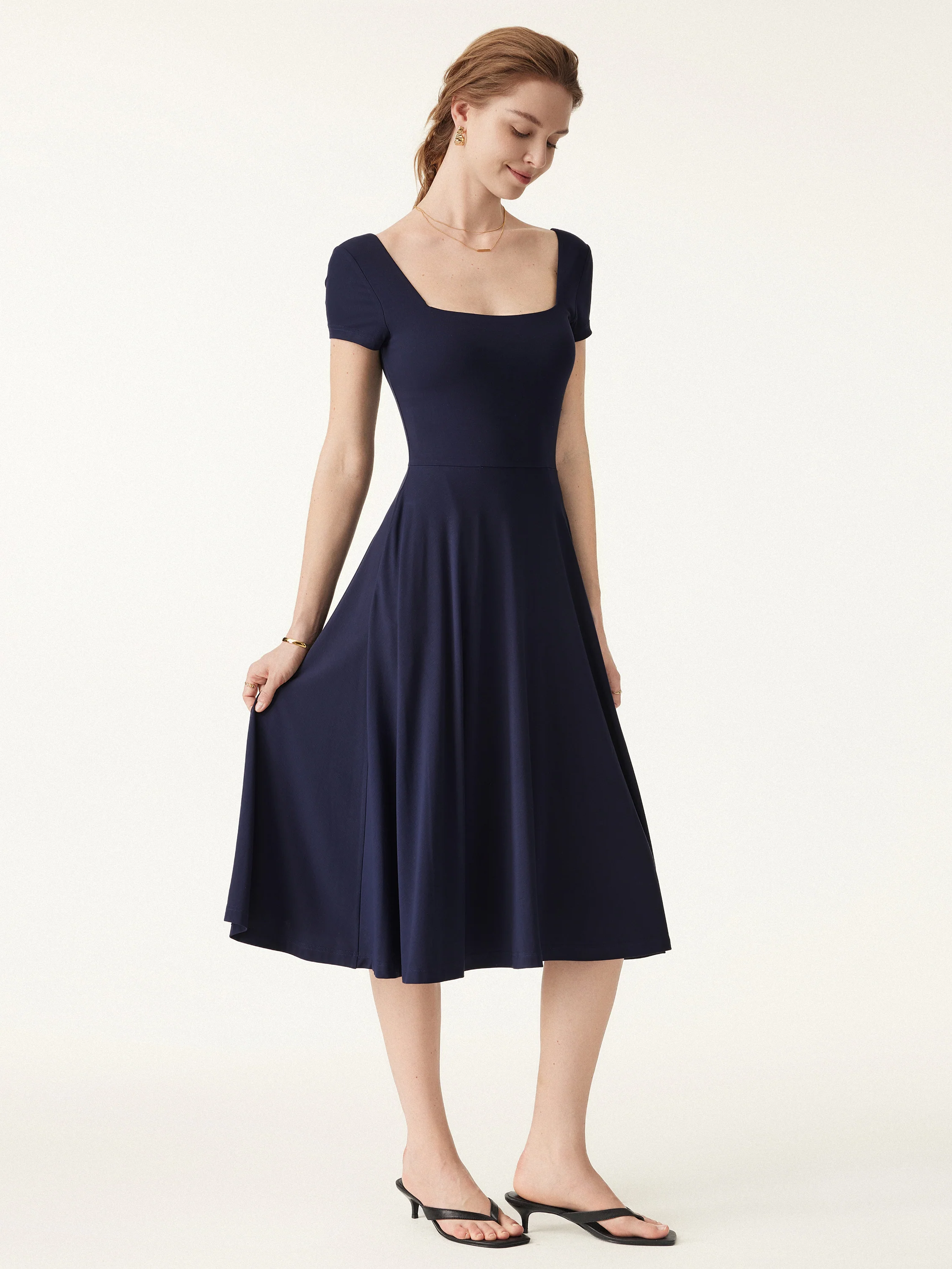 Flowy Square Neck Short Sleeve Midi Brami Dress