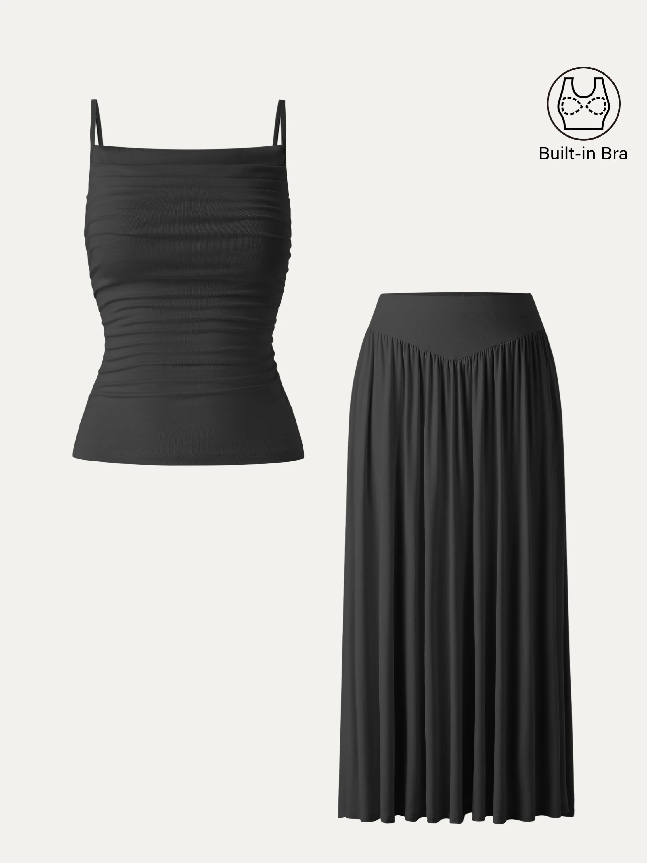 2Pcs Set Adjustable Spaghetti Straps Brami & V-shape Maxi Skirt with Pockets