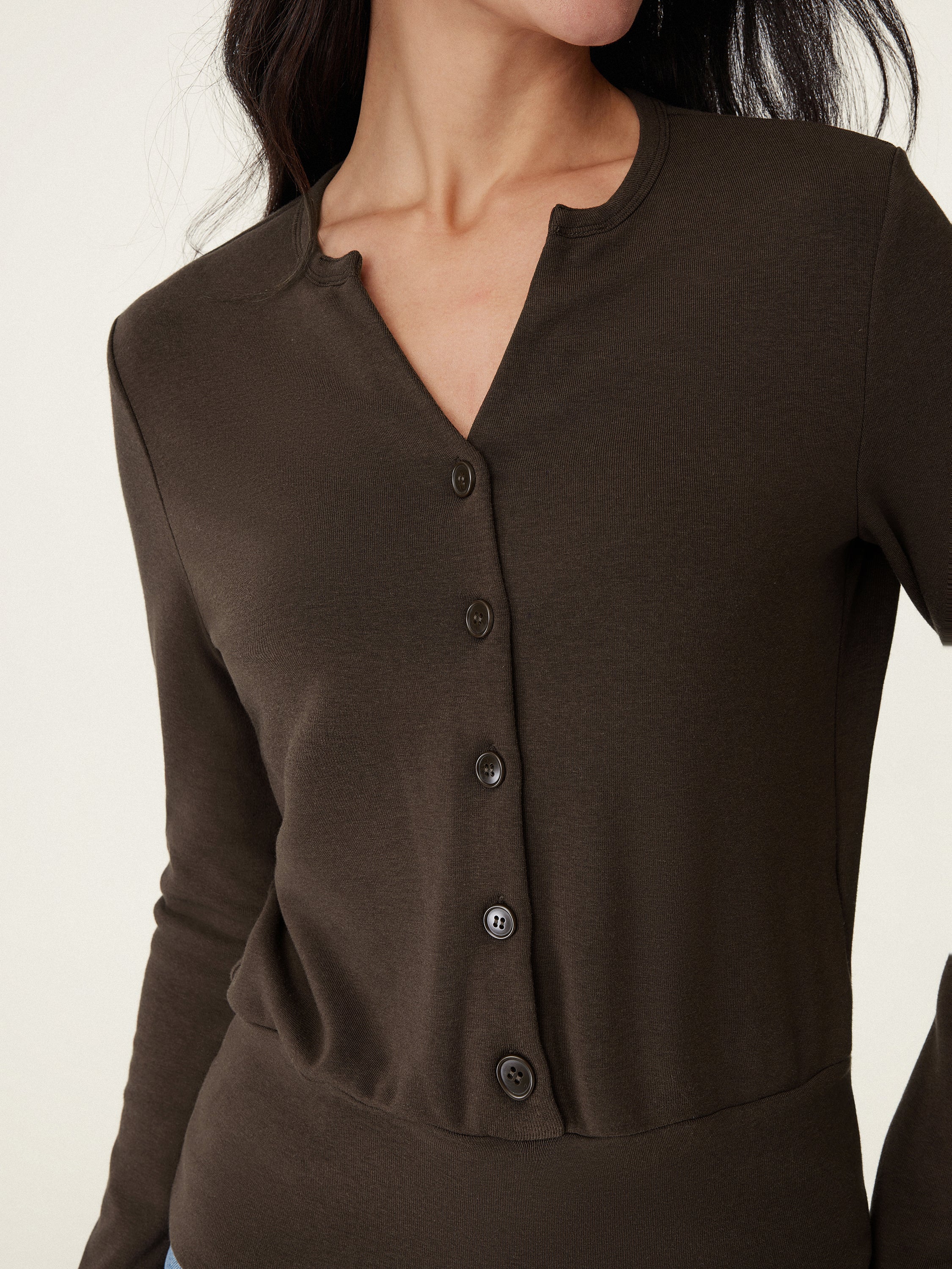 V-Neck Long Sleeve Half-Placket Top