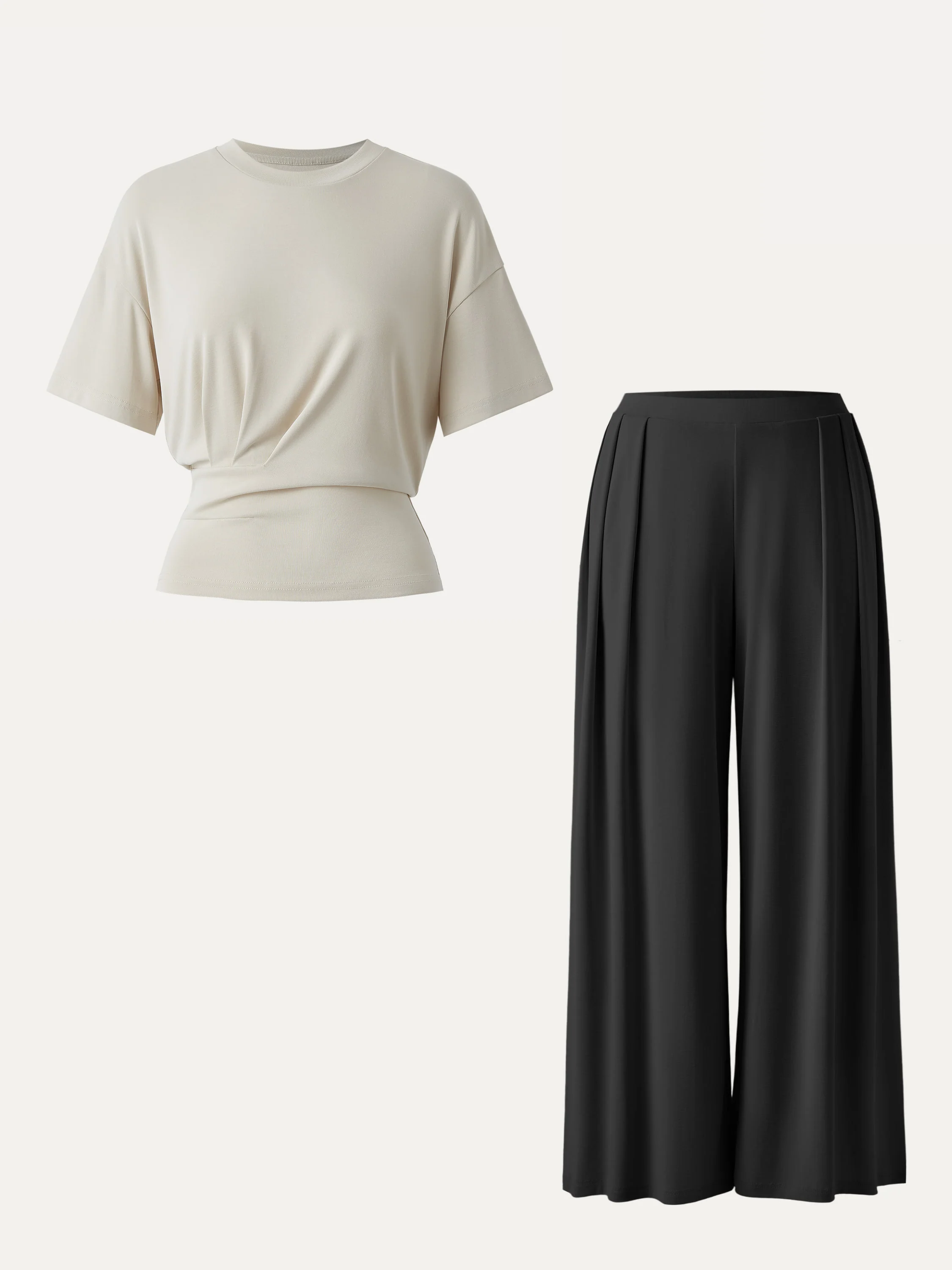 2Pcs Set Sandwashed Crewneck Tee & Mid Rise Pleated Wide Leg Pants with Pockets