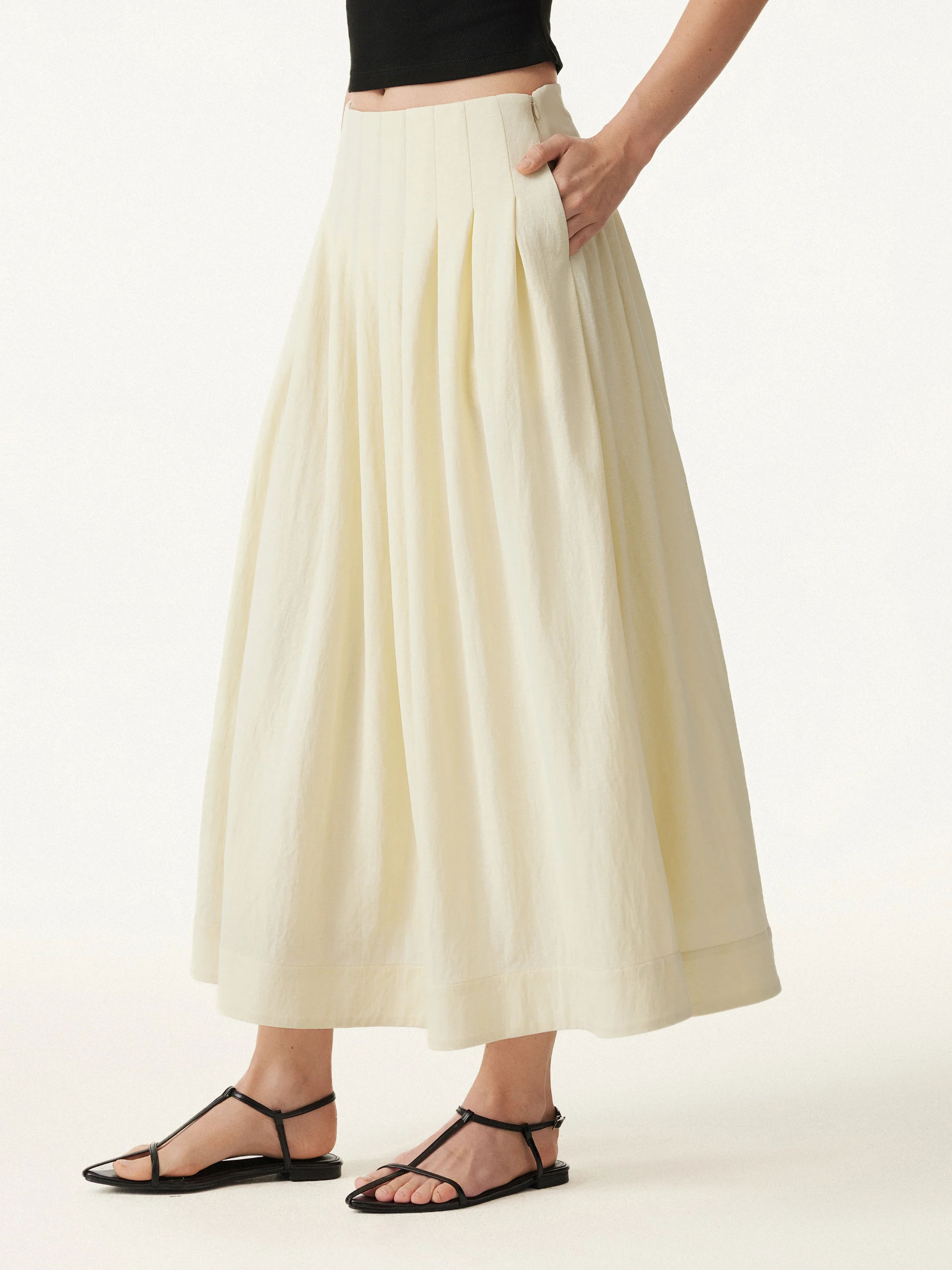 Wrinkle-resistant Cotton-linen Mid-rise Pleated Midi Skirt