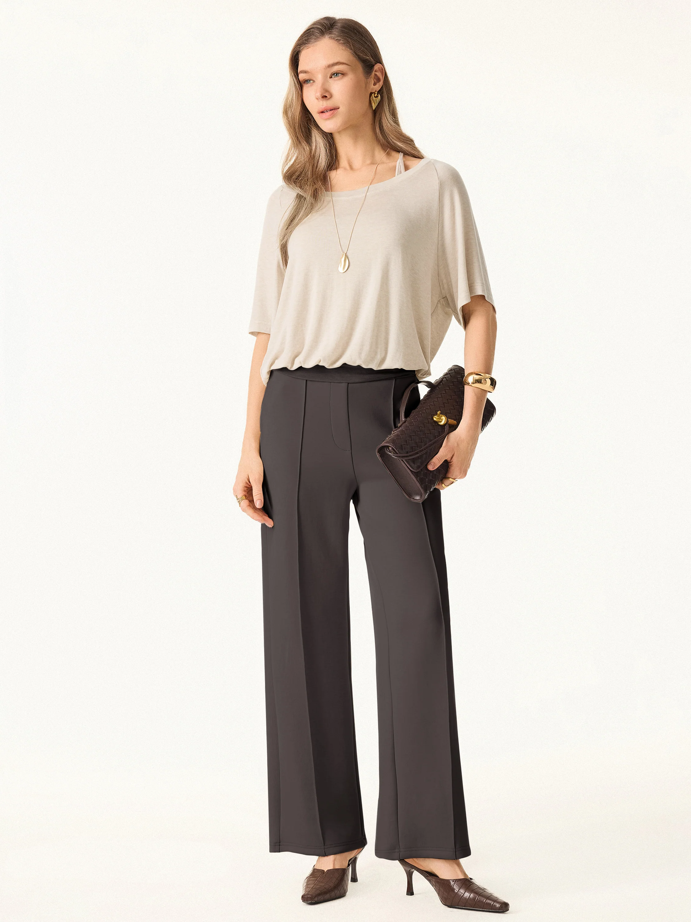Wrinkle-Resistant Mid Rise Straight Leg Pants with Pockets