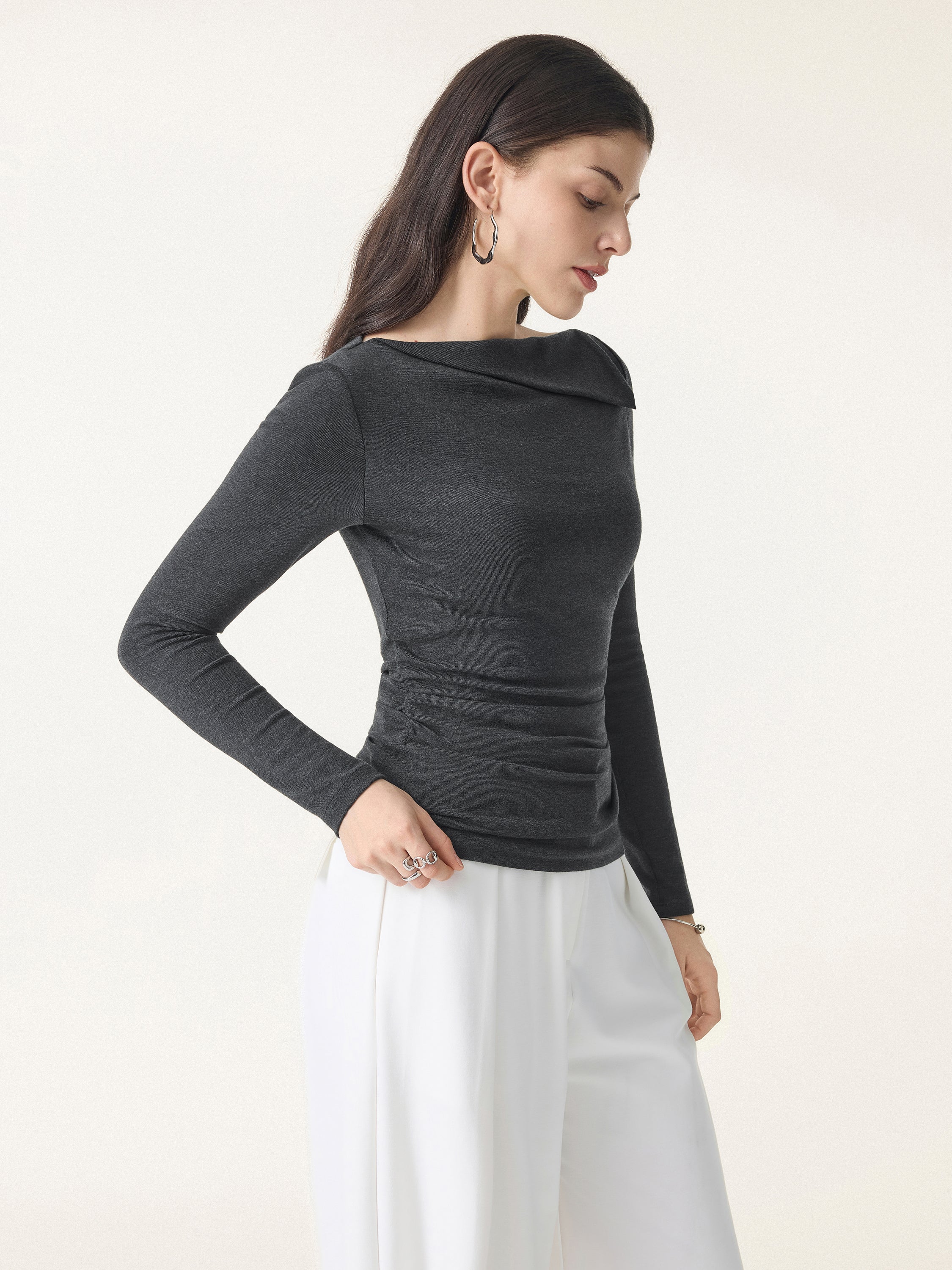 Light Warm Asymmetrical Fold-Over Side Ruched Brami Top
