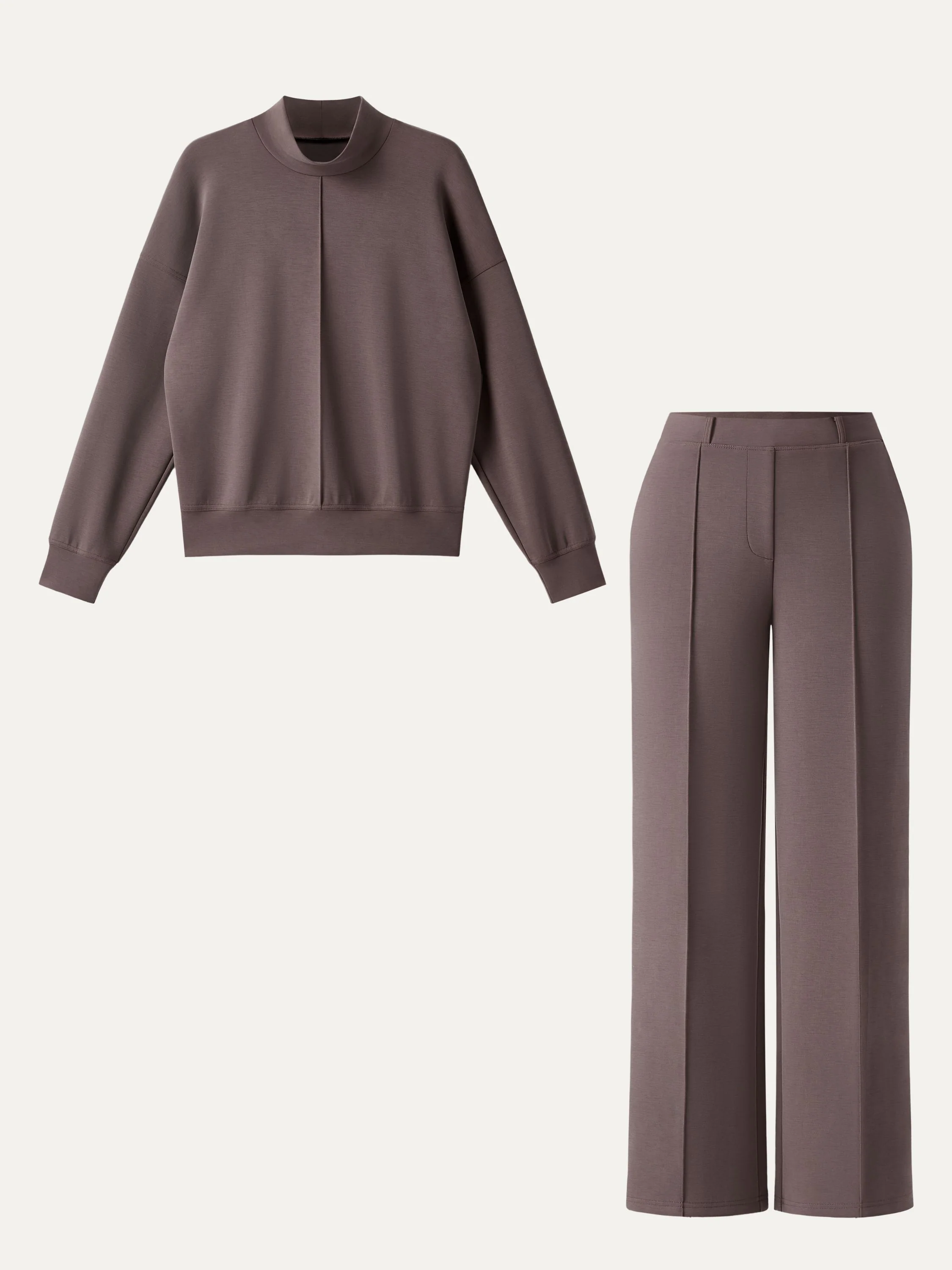2-Piece Set: Mock Neck Pullover Shirt and Mid-Rise Straight-Leg Pants with Pockets