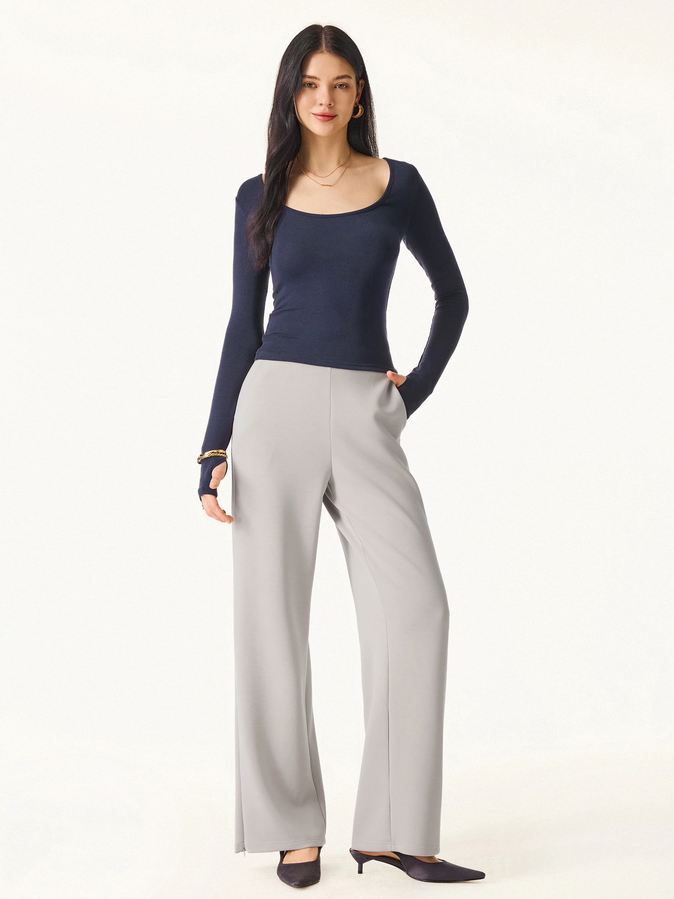 Sandwashed Spacer Mid Rise Versatile Legs Pull-on Pants with Pockets