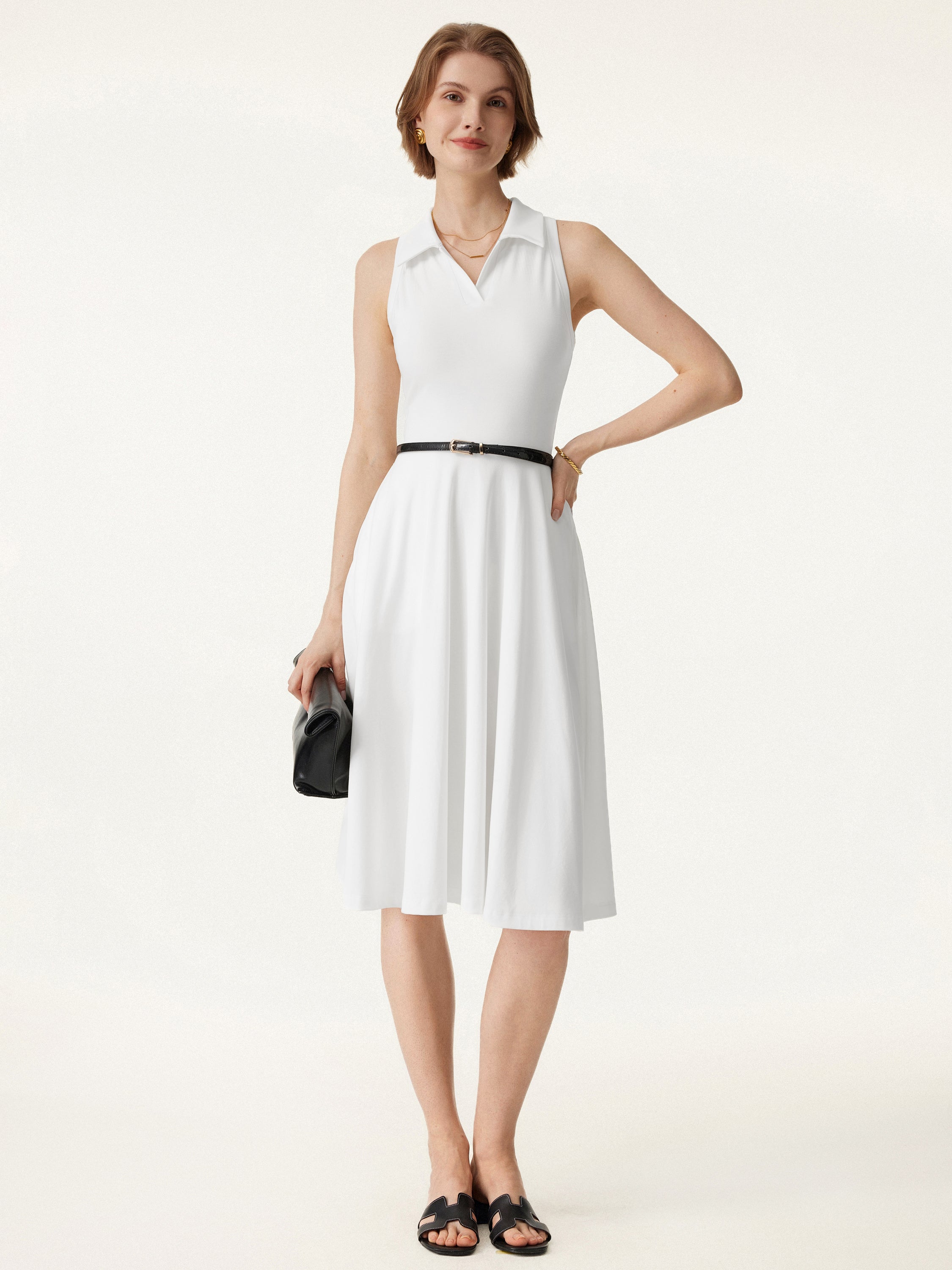 Stretch Cotton Polo Neck Fit-and-flare Midi Brami Dress with Pockets