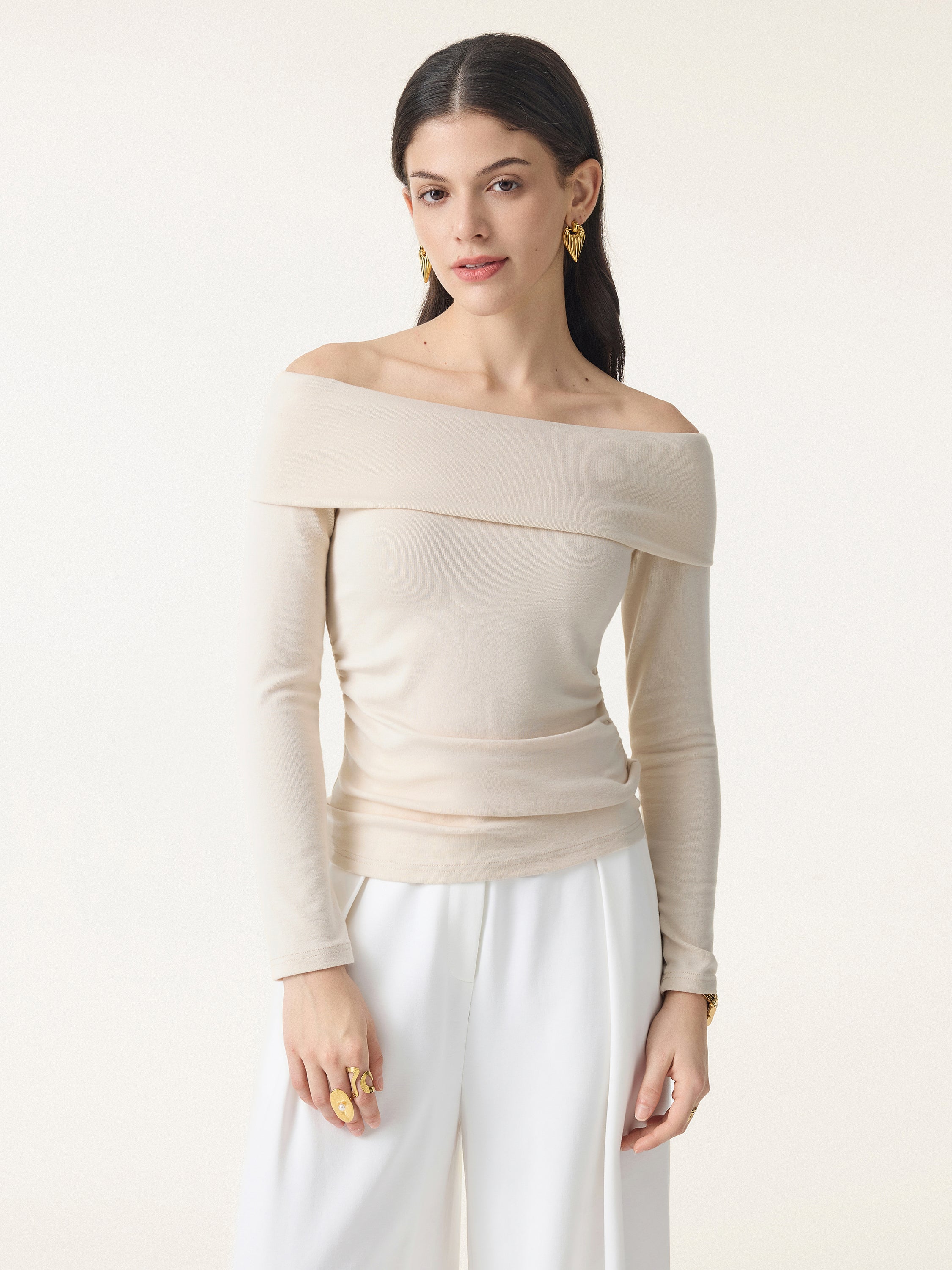 Off-the-Shoulder Long-Sleeve Side-Ruched Crop Top