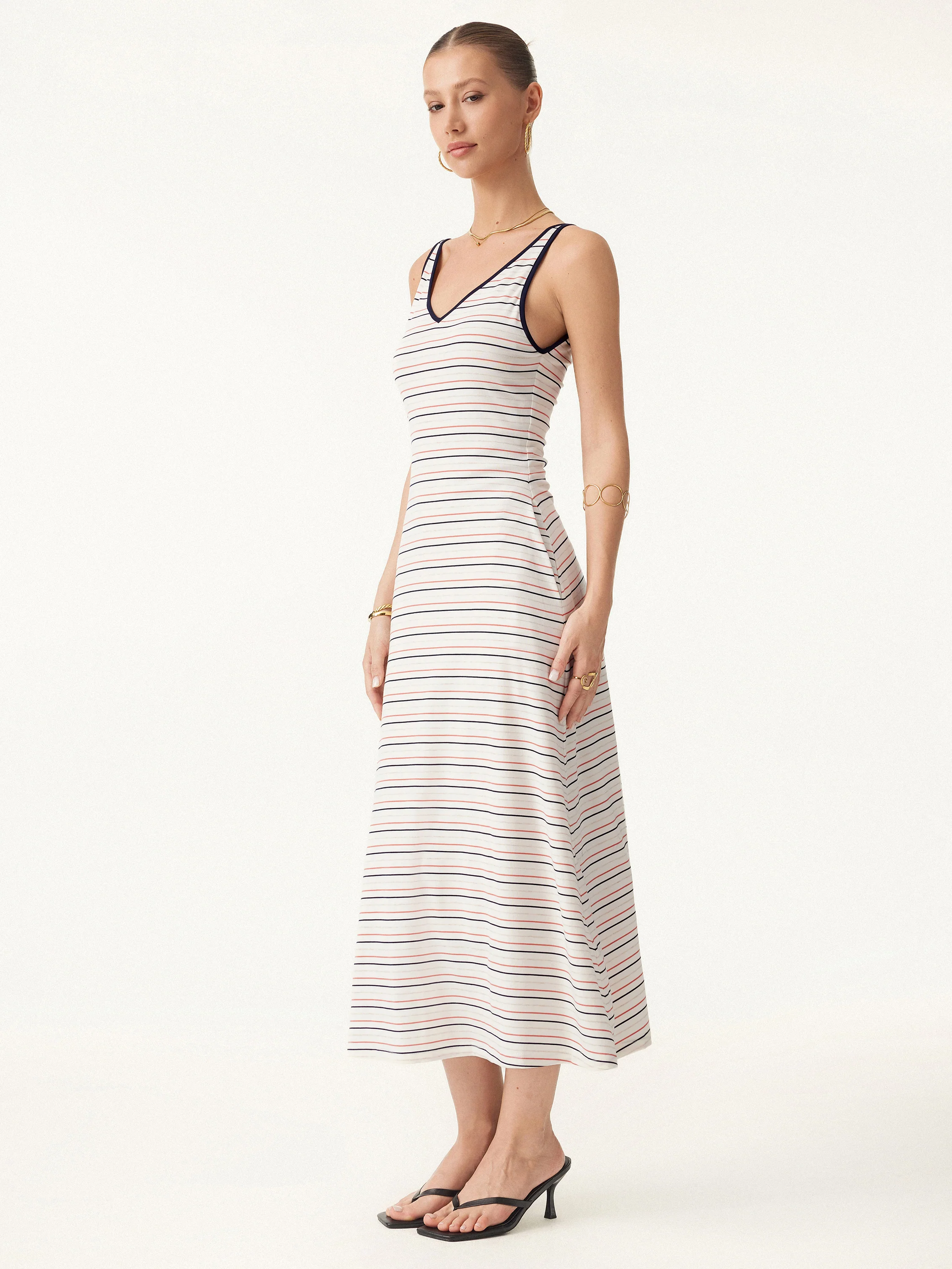 V-neck Low Back Striped Midi Brami Dress with Pockets
