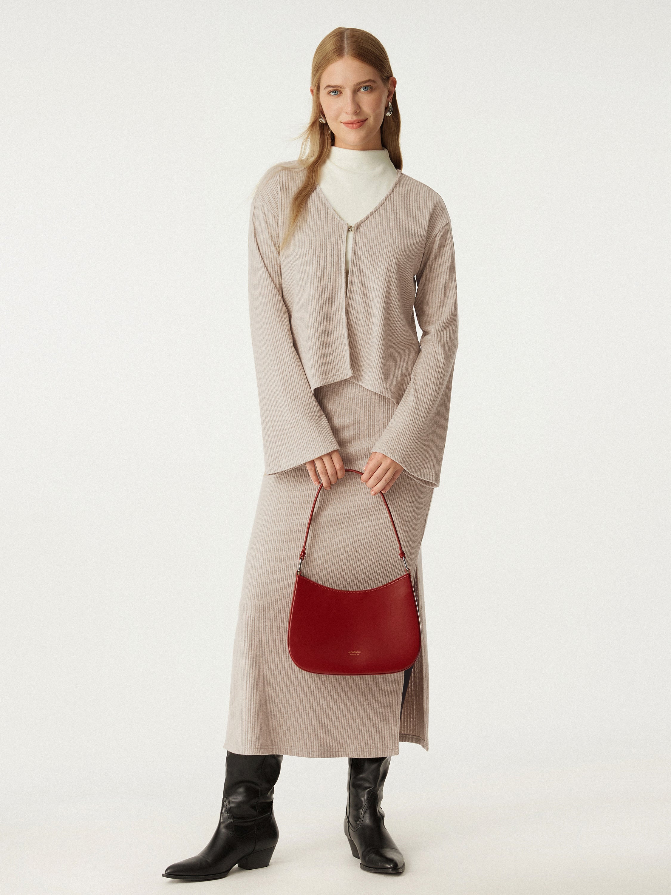 2-Piece Set V-Neck Flare Cardigan and High-Waisted Midi Skirt