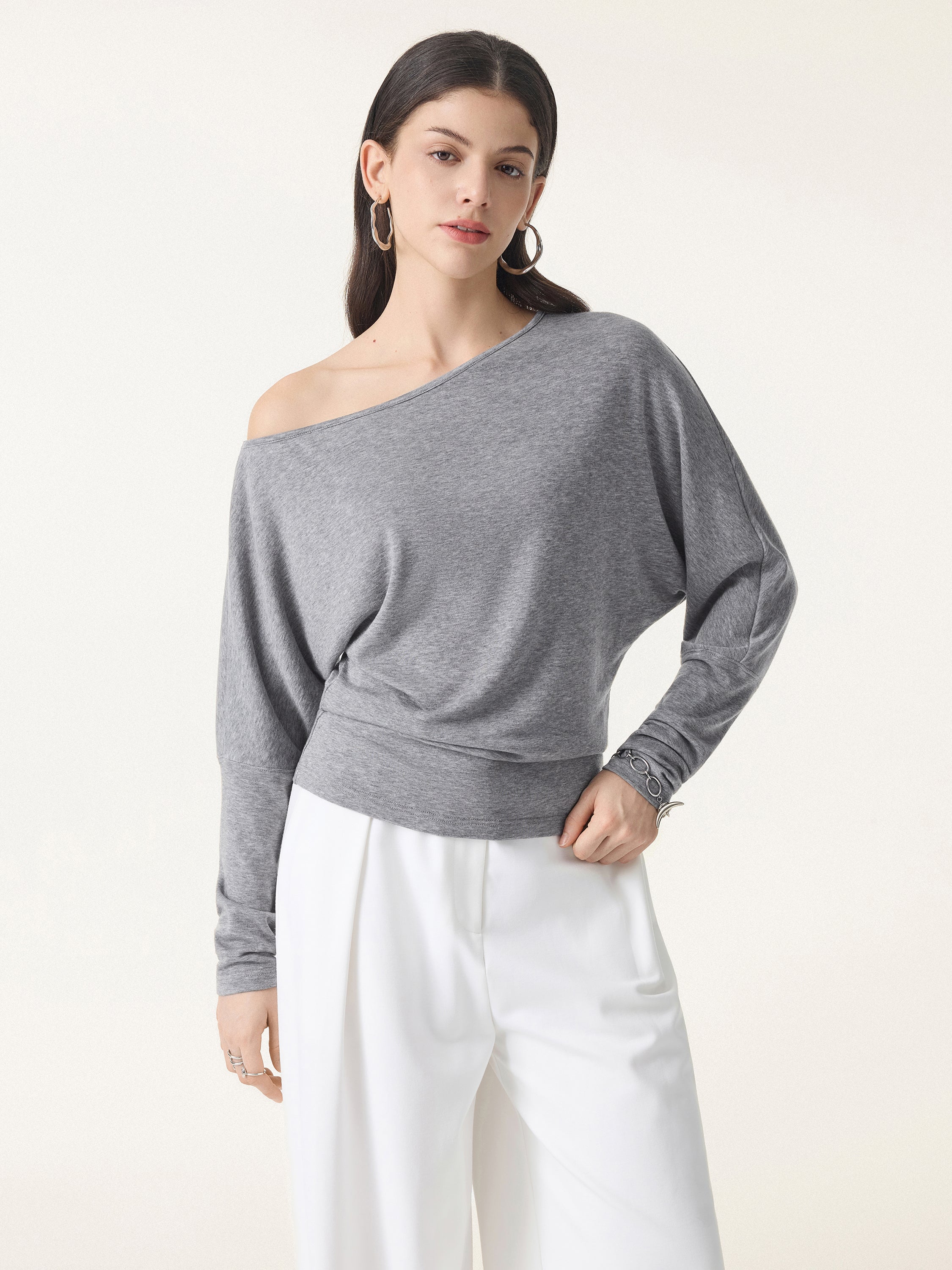 Lyocell Cashmere Cold-Shoulder Semi-Sheer Top