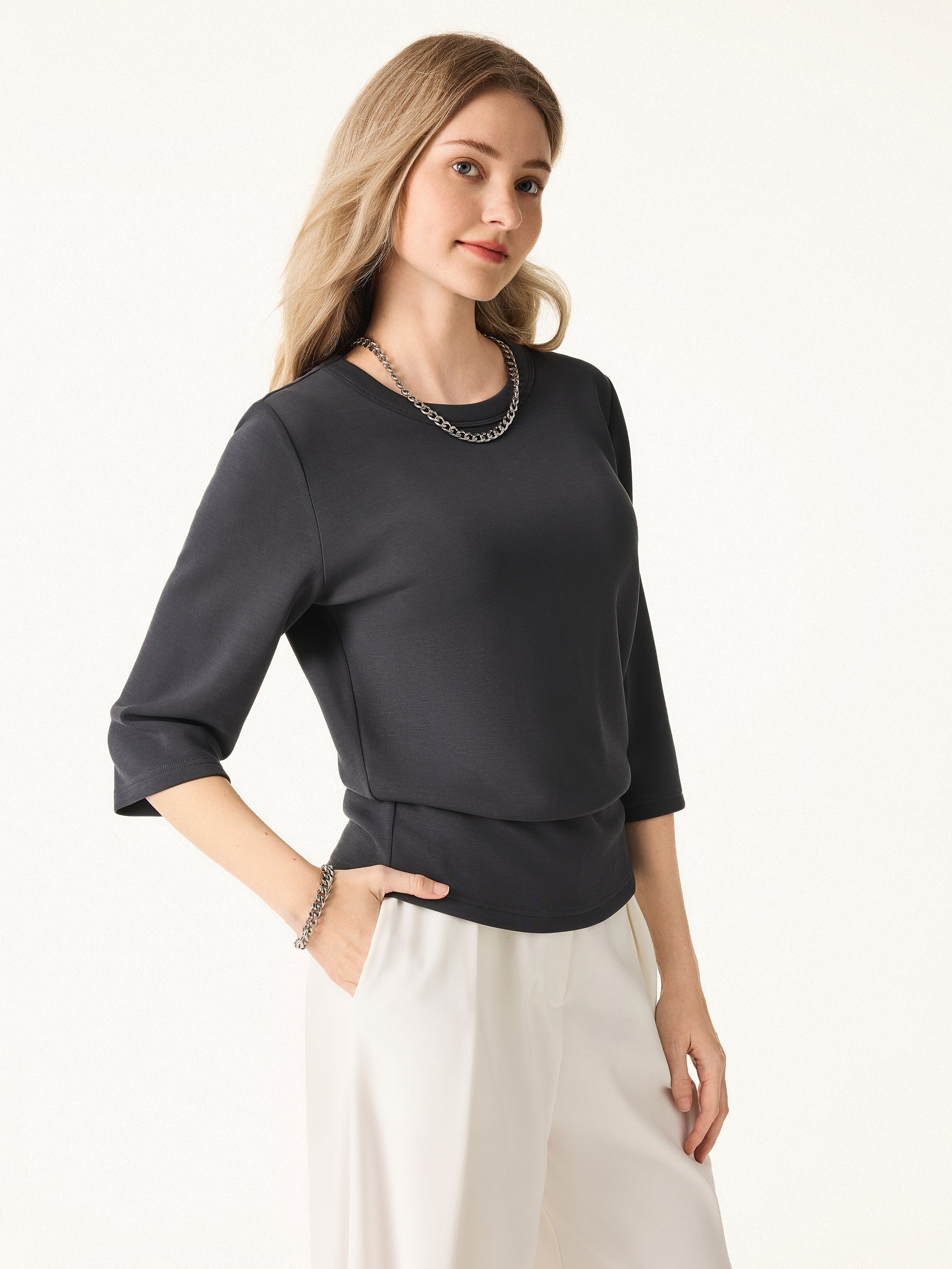 Sandwashed Spacer Crewneck Three - Quarter Sleeve Top