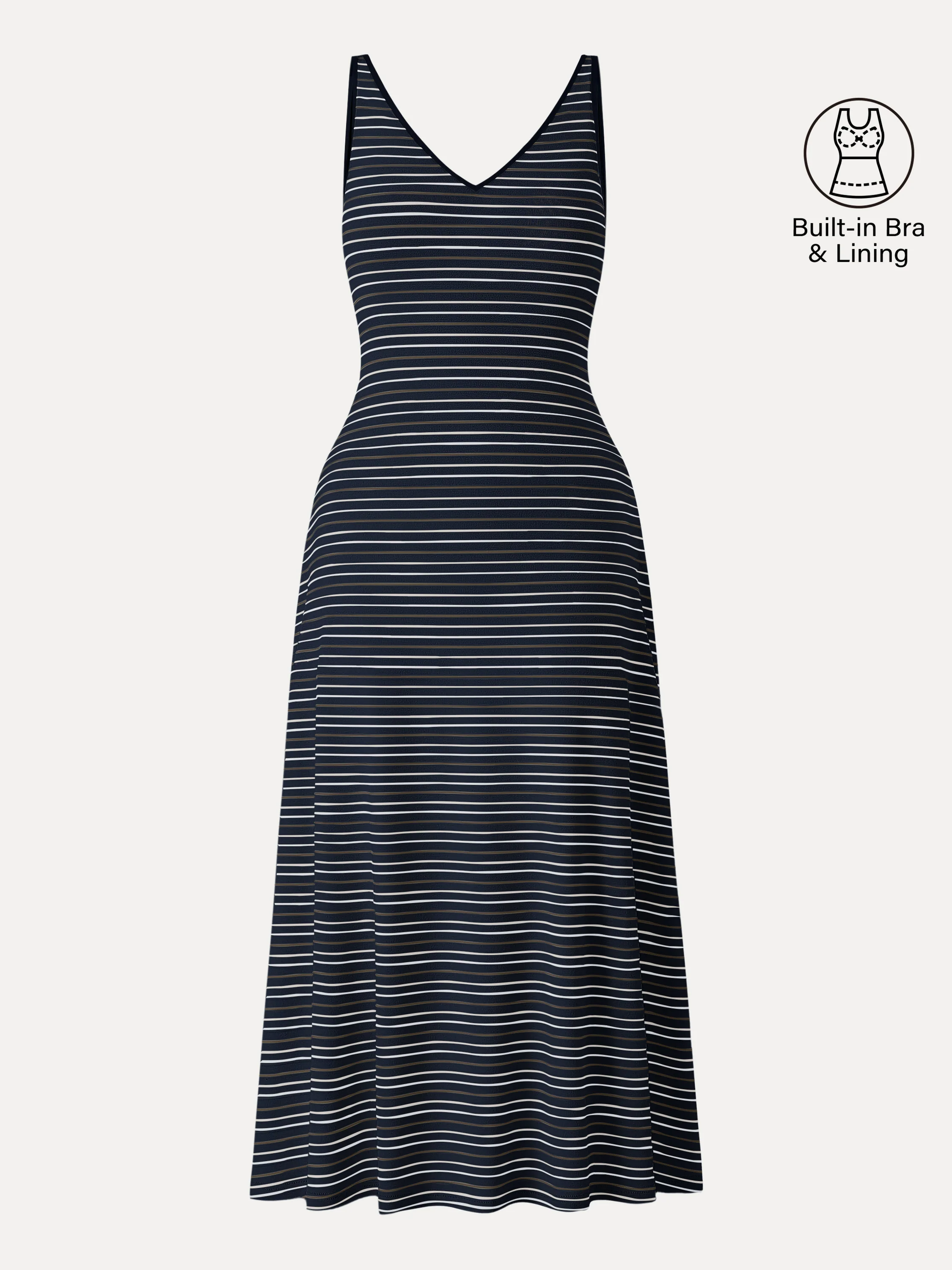 V-neck Low Back Striped Midi Brami Dress with Pockets