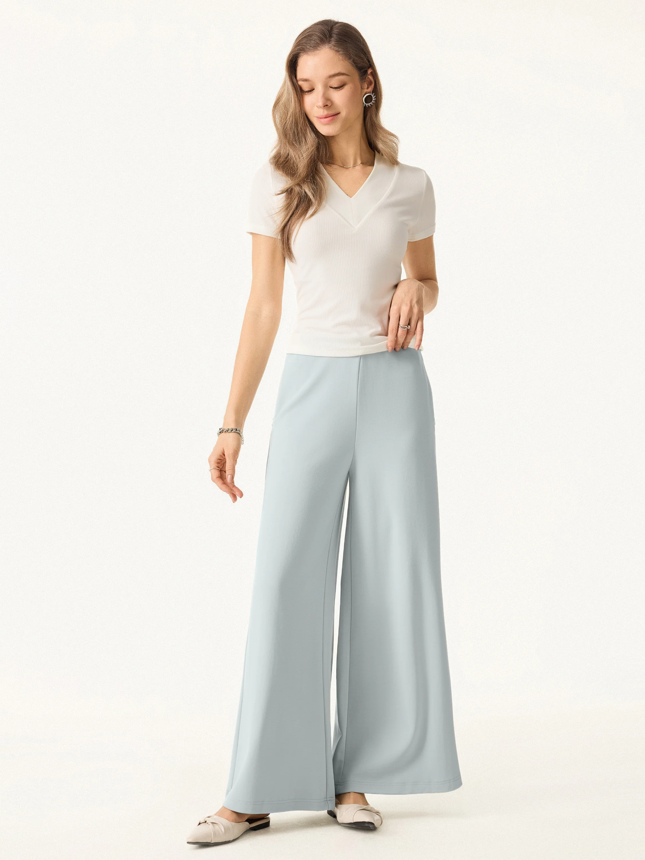 Wrinkle-Resistant Mid Rise Wide Leg Pull-on Pants with Pockets