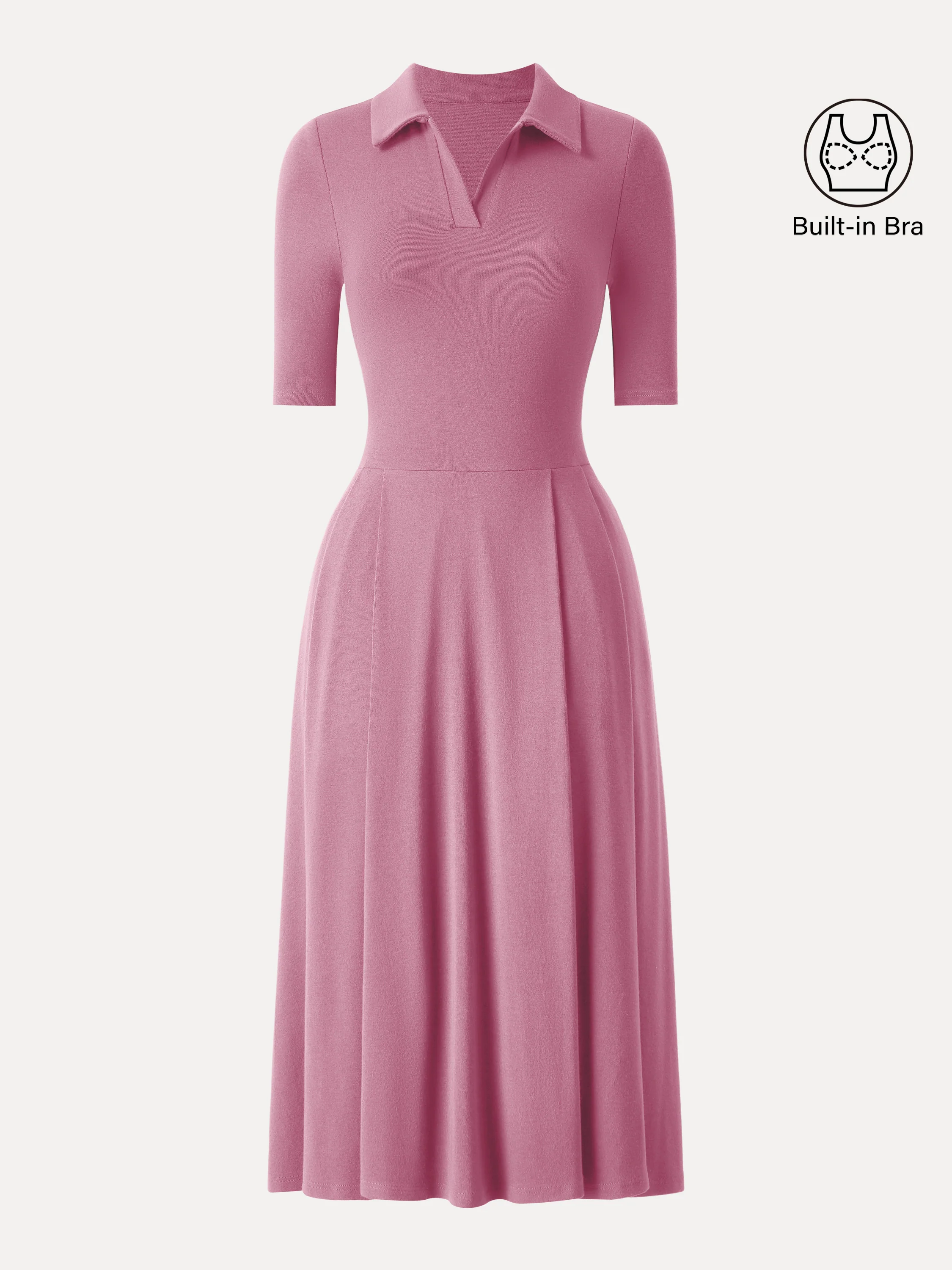 Polo Neck Elbow-Length Sleeve Midi Dress with Pockets