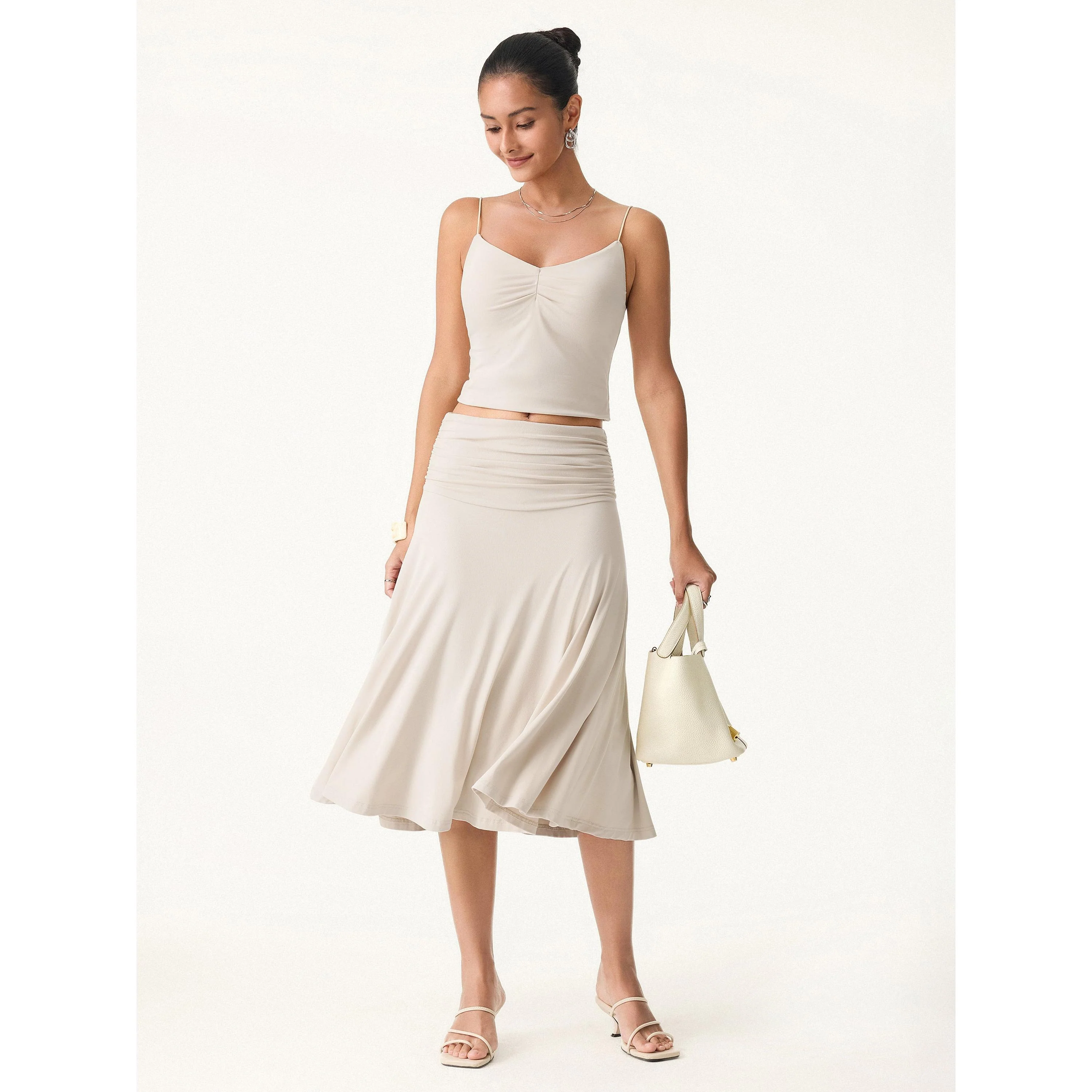 2-Piece Set: Multi-Wear Versatile Neckline Bra Top & Flowy Side-Ruched A-Line Midi Skirt