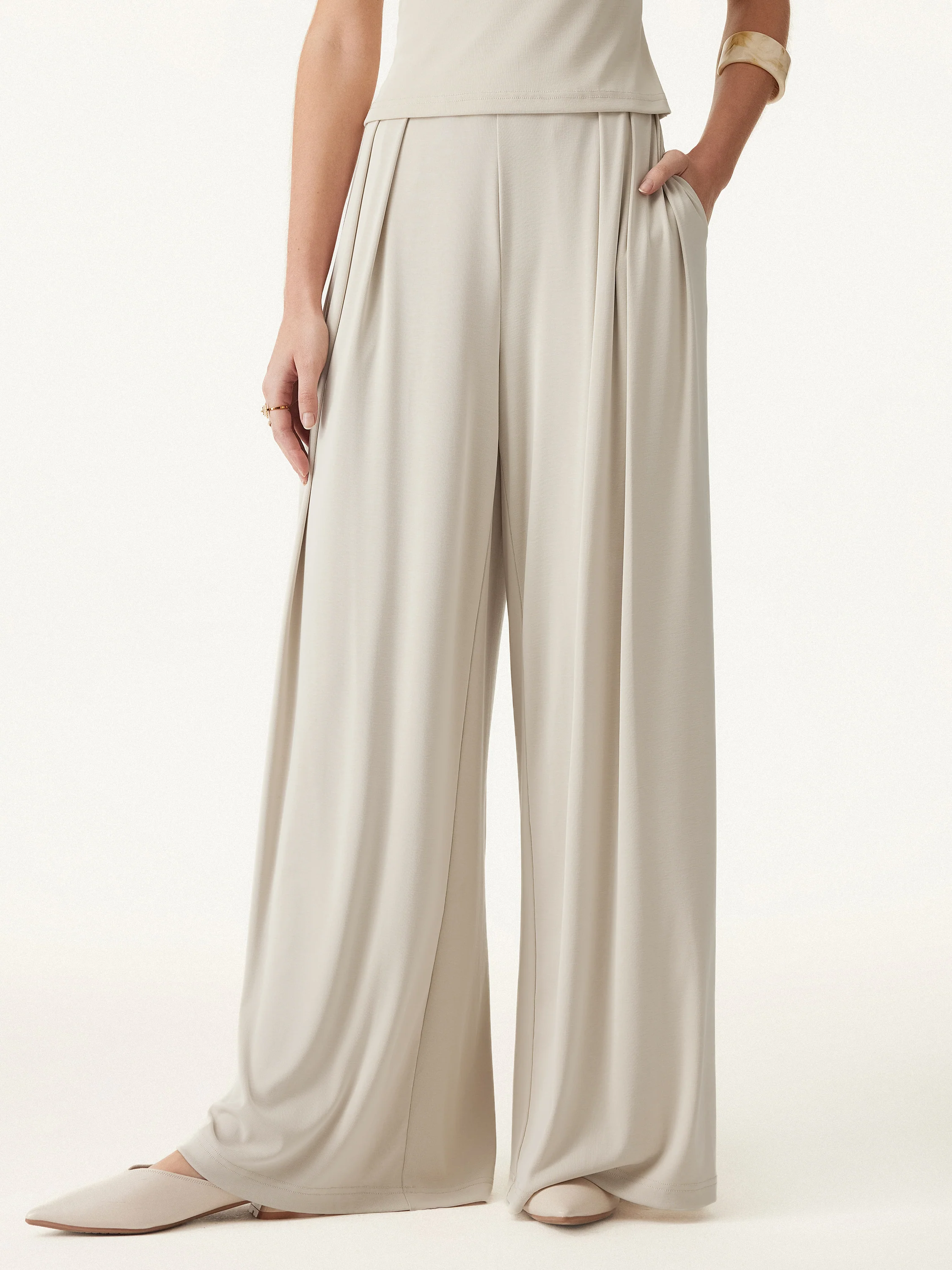 Sand-washed Mid-rise Pleated Wide-leg Palazzo Pants with Pockets