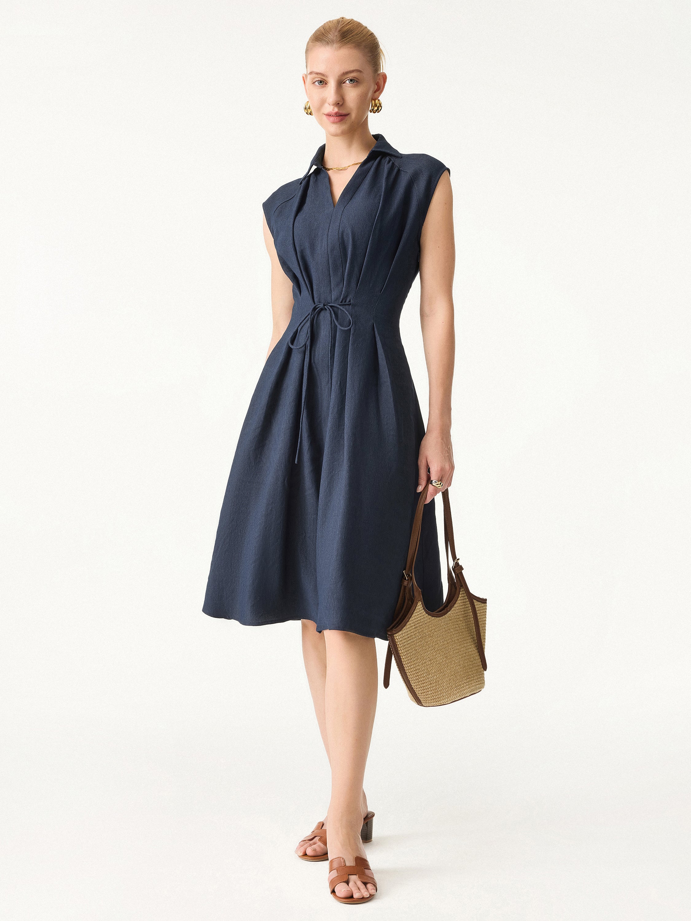 Viscose-Linen Collared V-neck Midi Dress with Drawstring