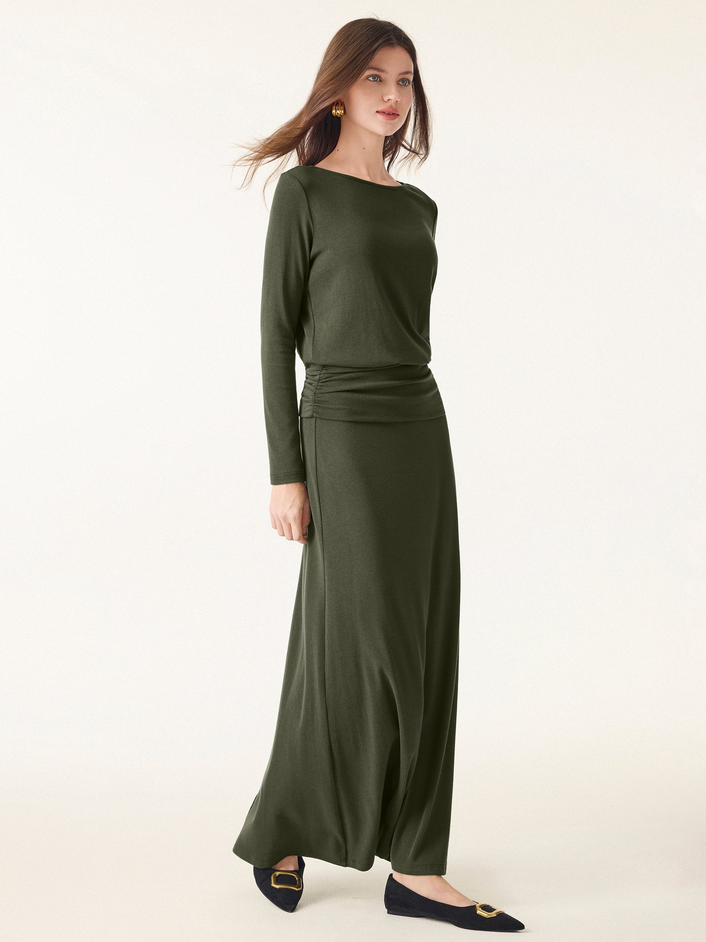 2Pcs Set Light Warm Round Neck Side Ruched Top & Pull-on Circle Flared Maxi Skirt