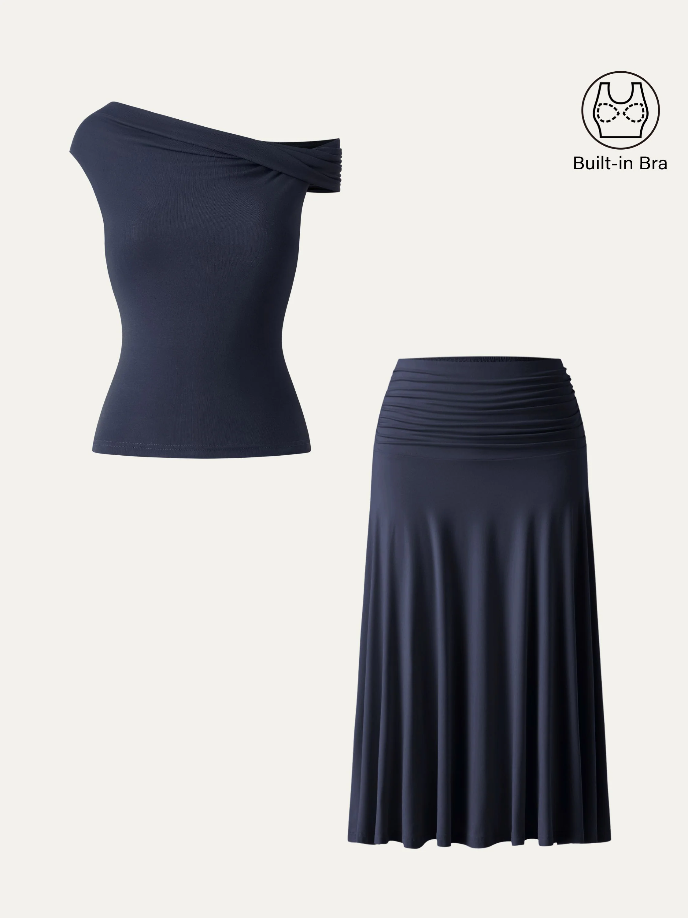 2-Piece Set: Multi-Wear Versatile Neckline Bra Top & Flowy Side-Ruched A-Line Midi Skirt