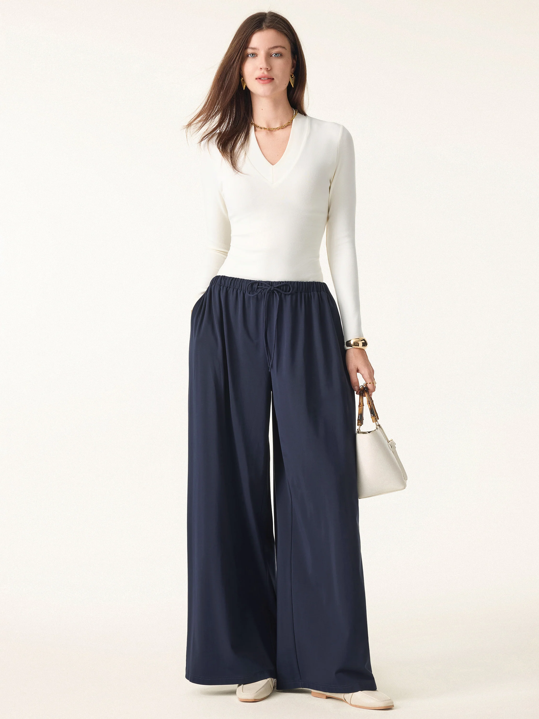 Stretch Ponte Mid Rise Palazzo Pants with Pockets