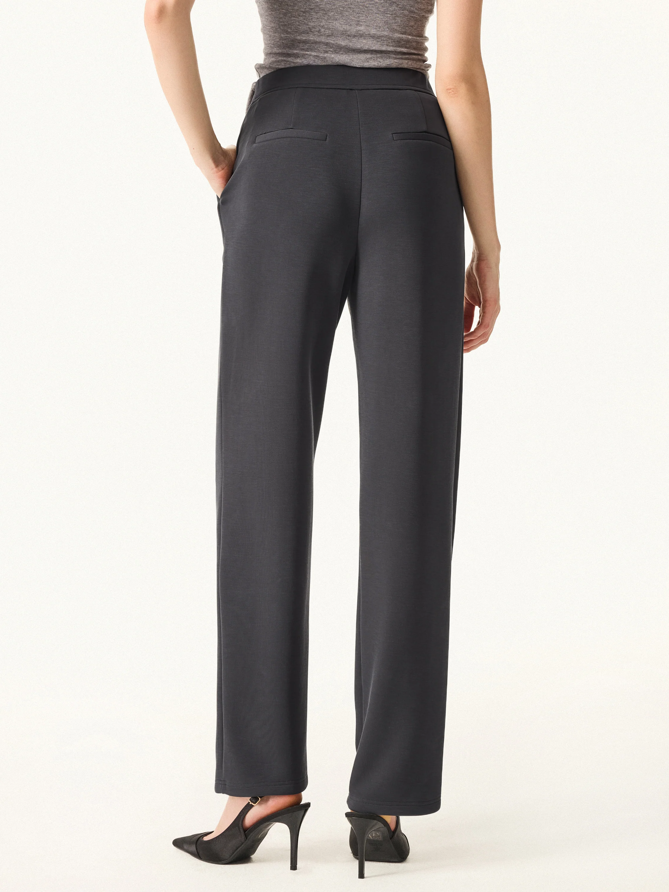 2Pcs Set Crewneck 3/4 Sleeve Top & Mid Rise Straight Leg Pull-on Trousers with Pockets