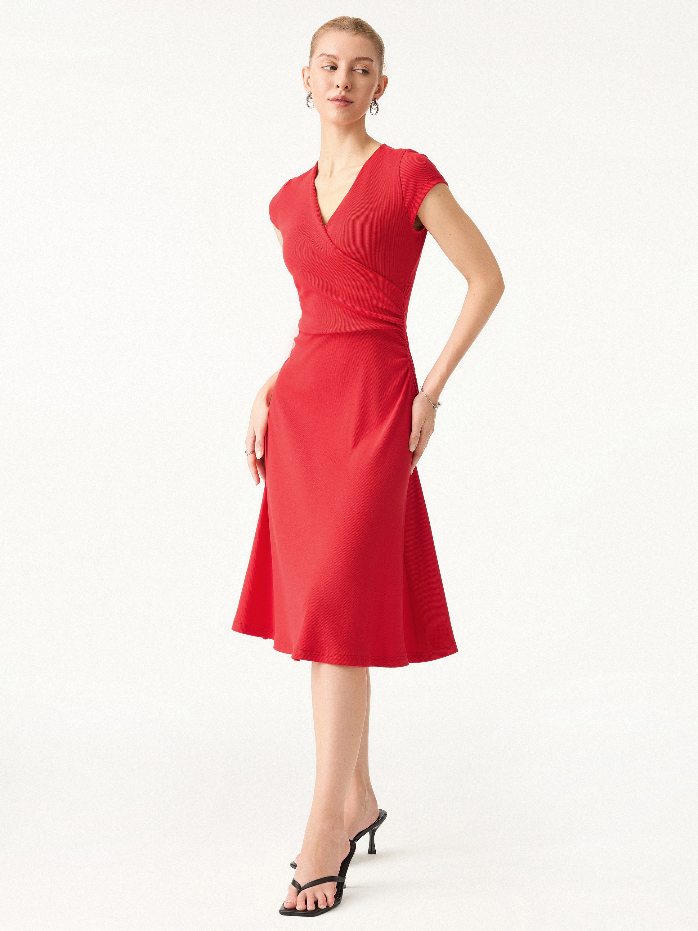Stretch Cotton Surplice V-neck Cap Sleeve Midi Dress