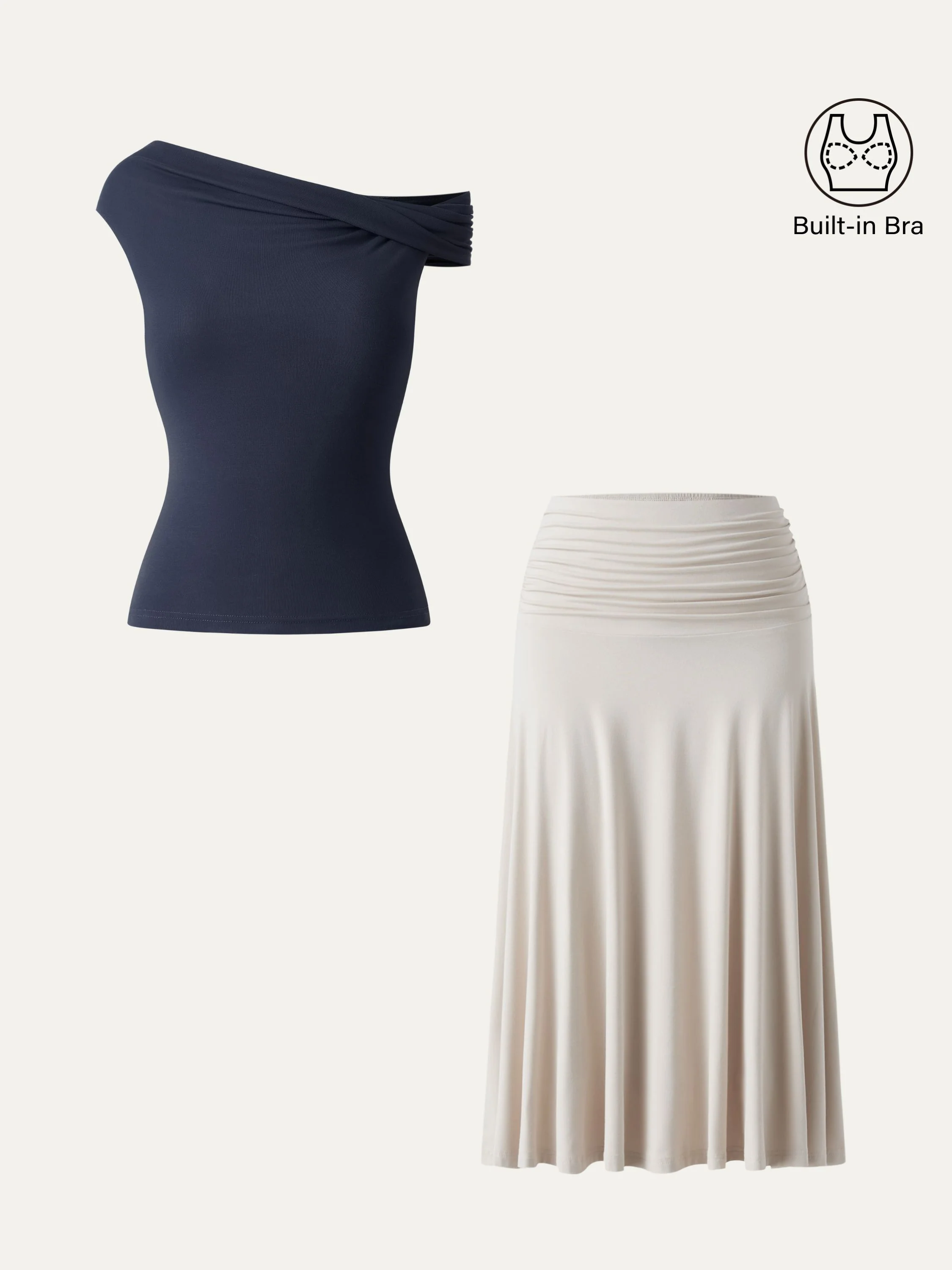 2-Piece Set: Multi-Wear Versatile Neckline Bra Top & Flowy Side-Ruched A-Line Midi Skirt